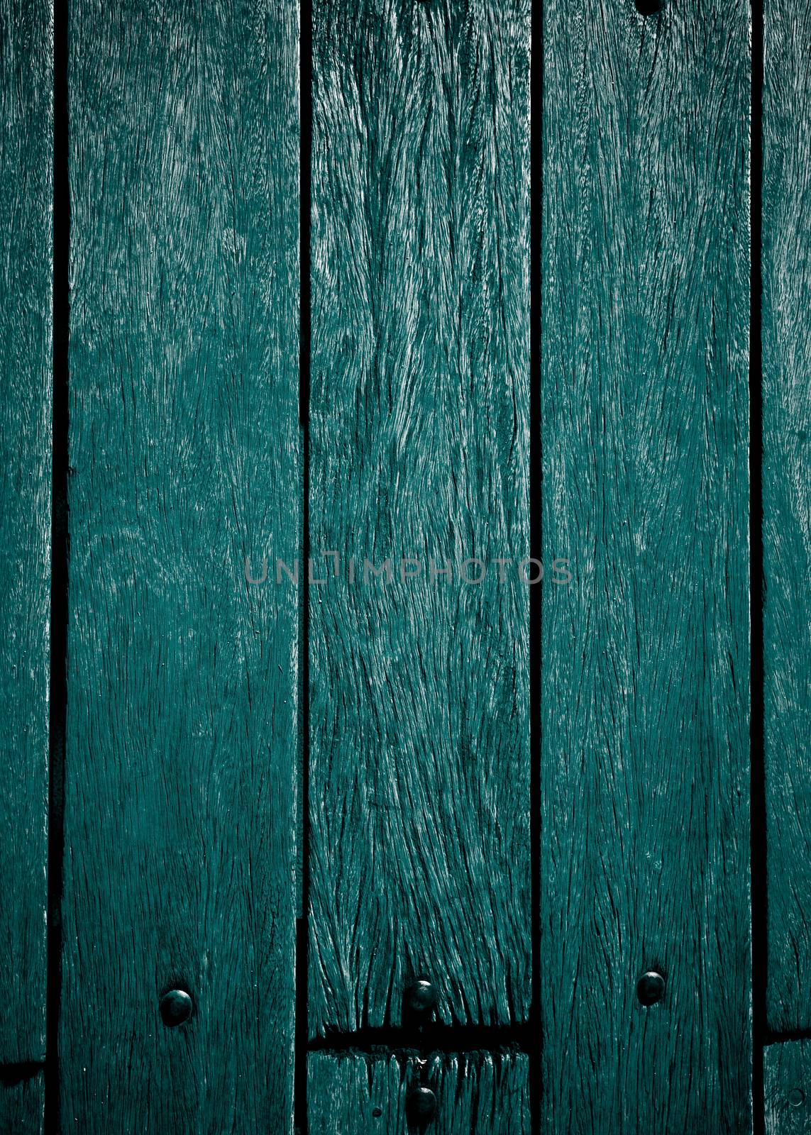 Background of Turquoise Old Wooden Deck Board with Nail Heads closeup