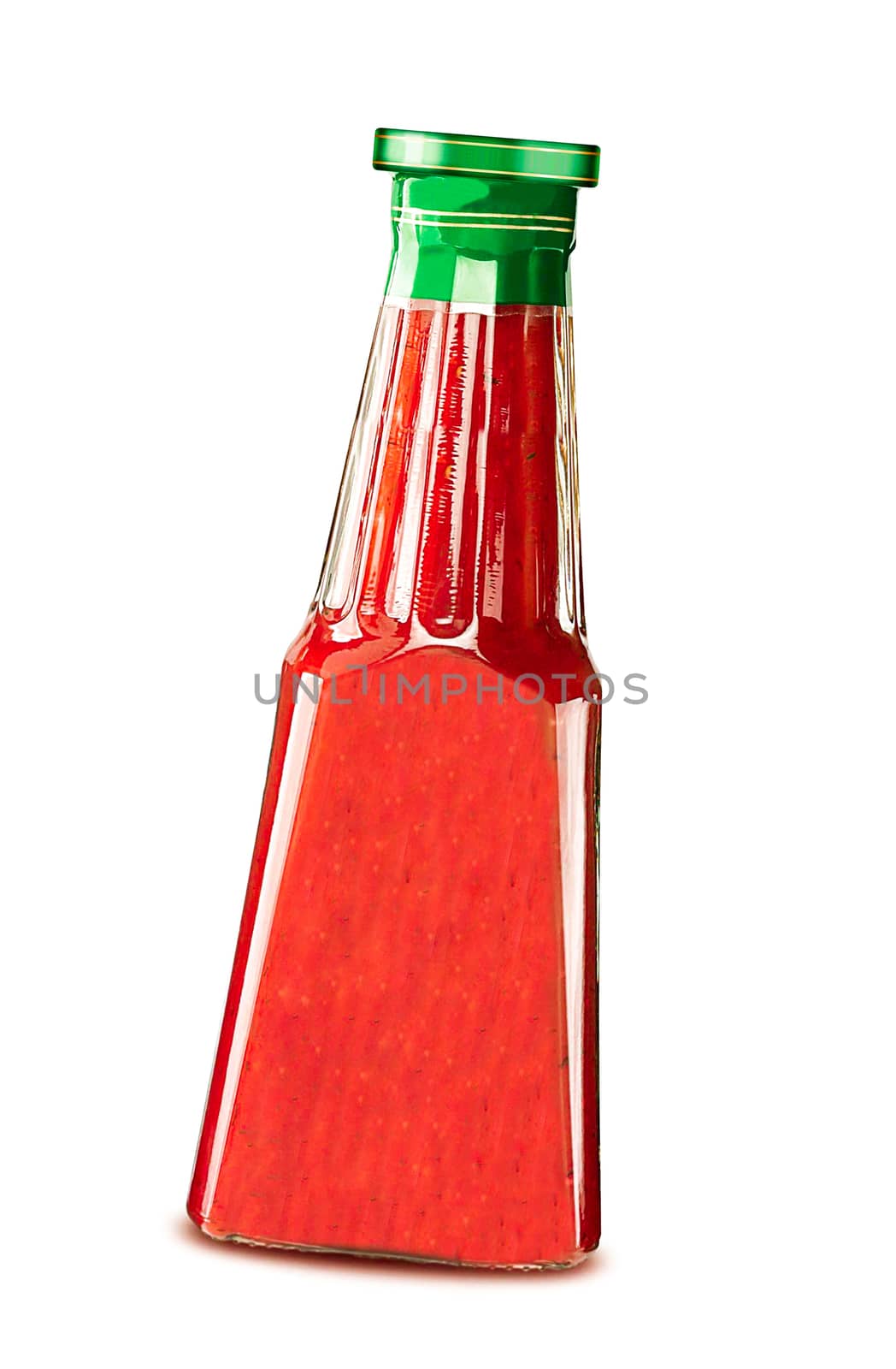 Glass bottle of ketchup isolated on white