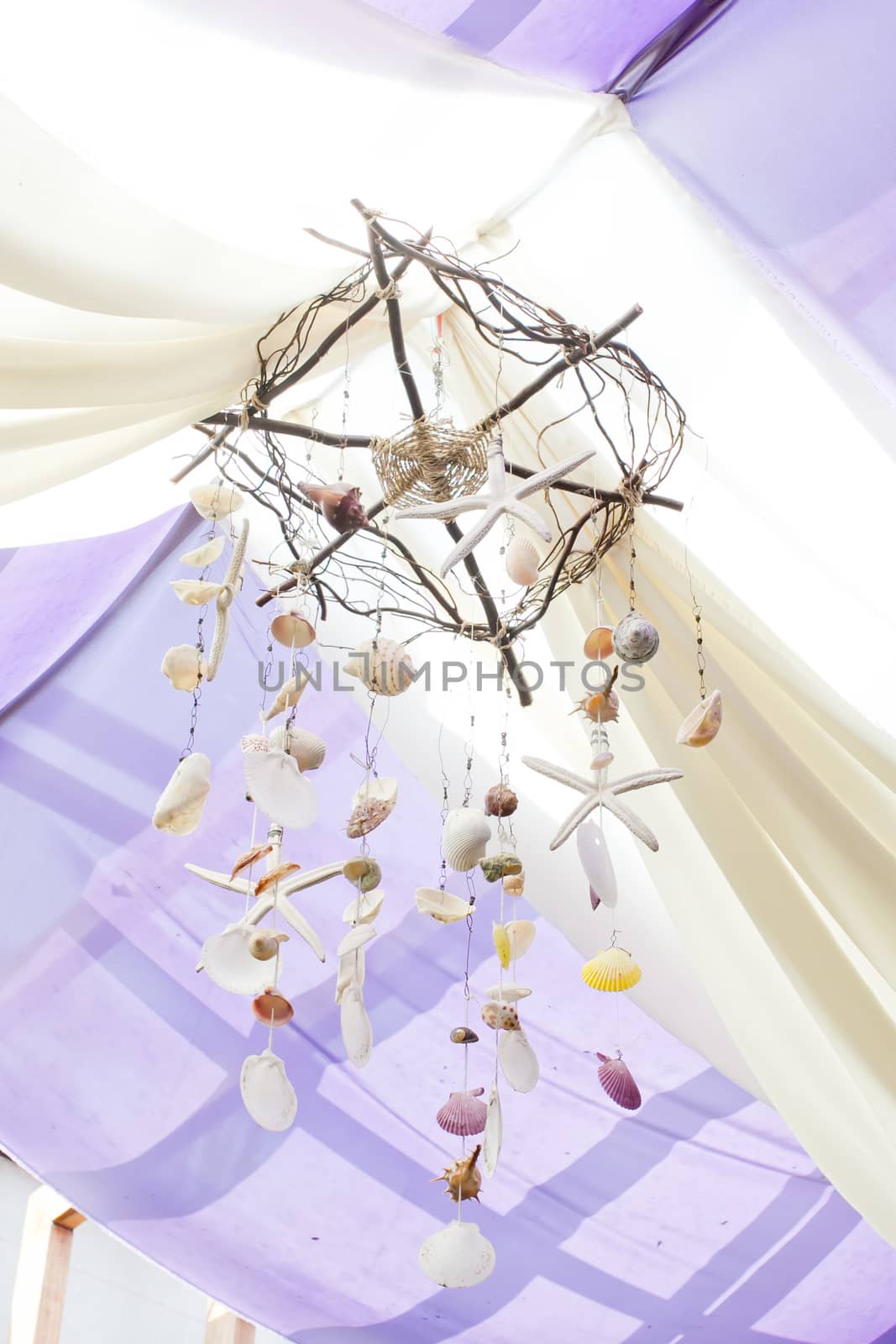 Seashells Mobile with white curtain on tropical resort