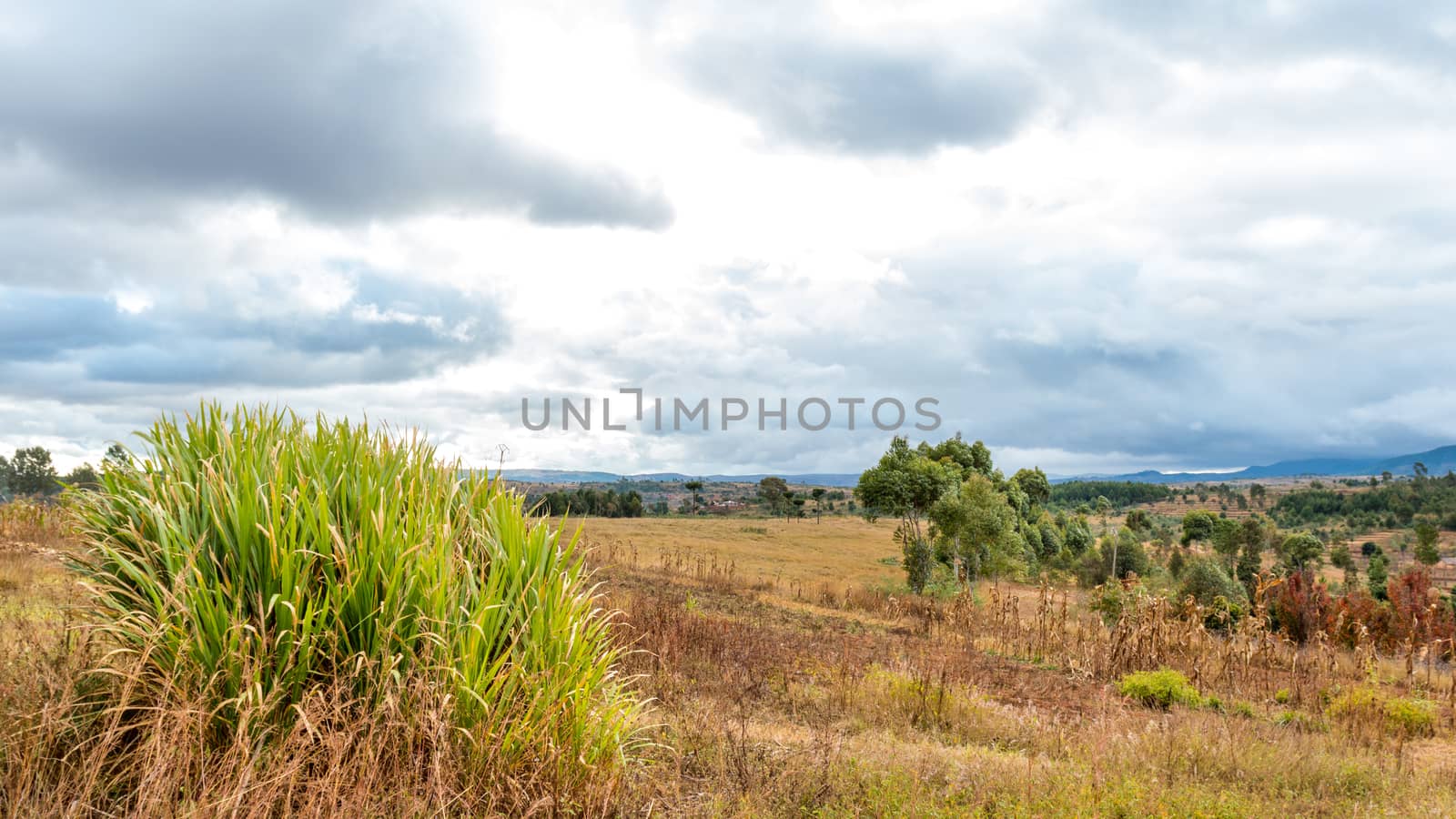 Dark clouds hovering over the farm lands of the highland areas of Madagascar