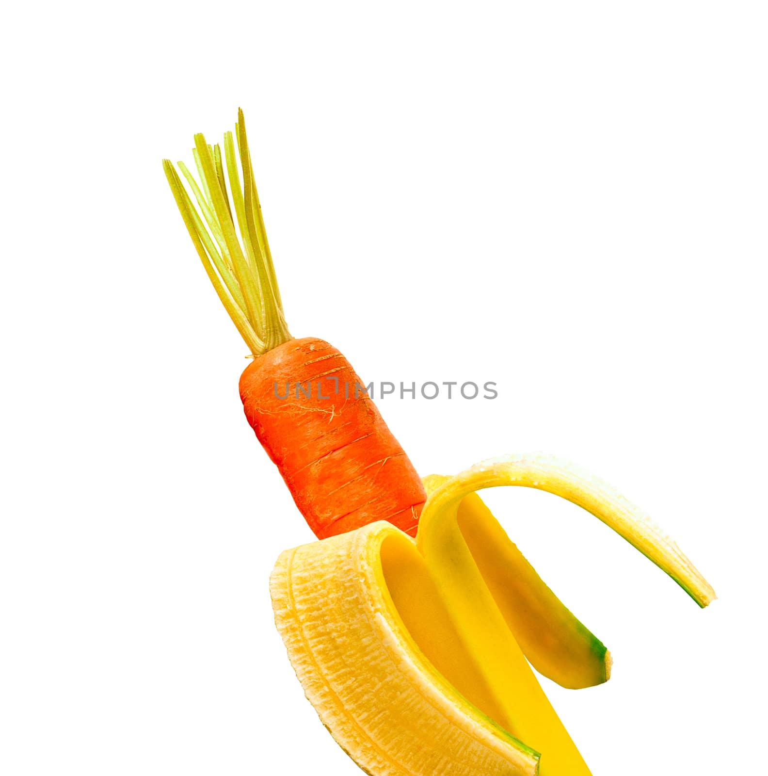 Carrot inside of banana isolated on white