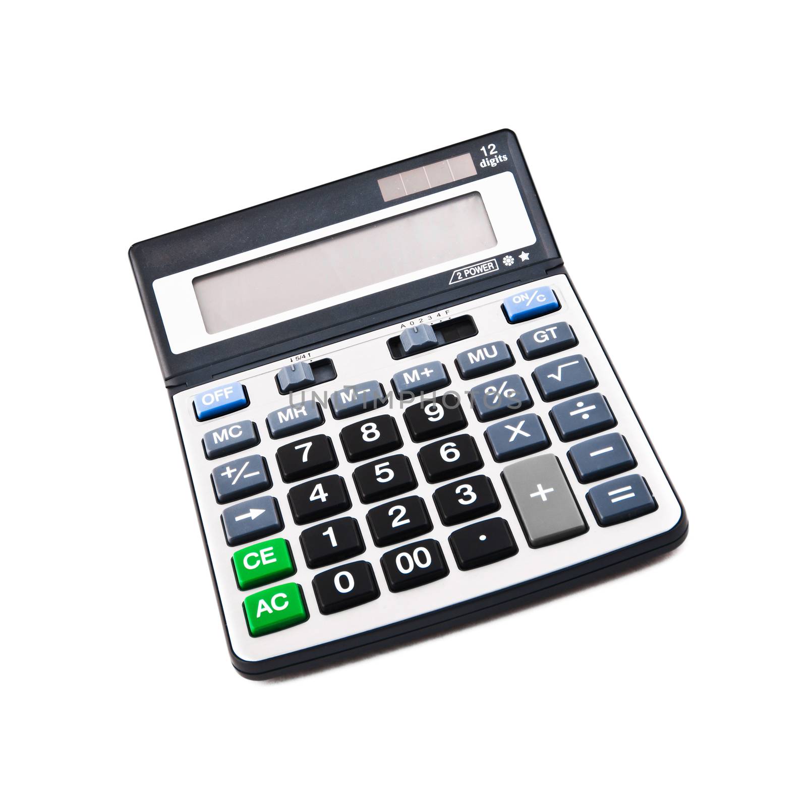 A grey calculator isolated on white background