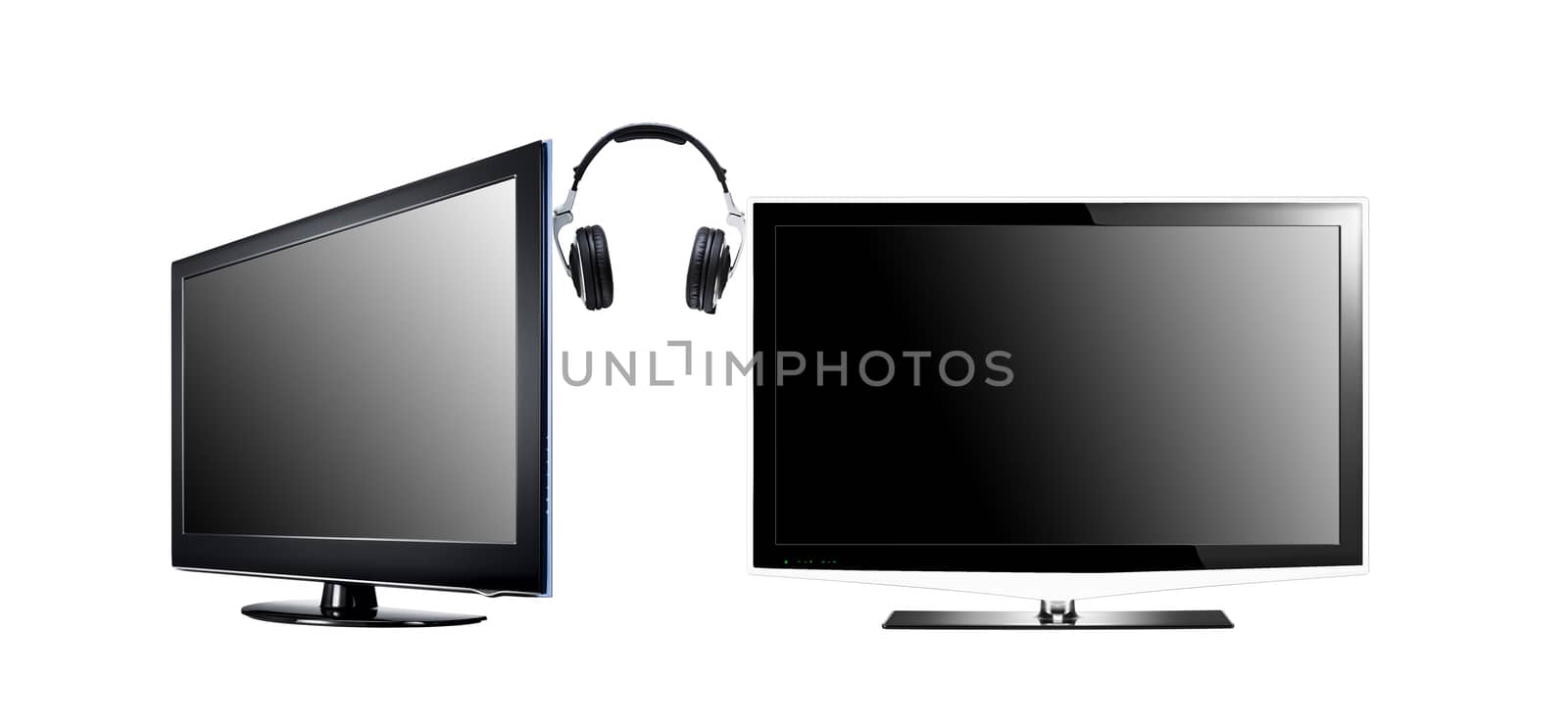 two LCD high definition flat screen TV with headphone isolated on white