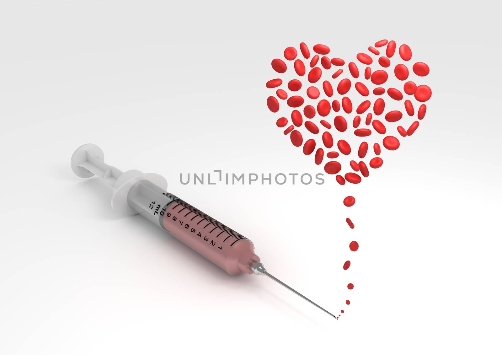 Illustration of a syringe with blood cells forming the shape of a heart