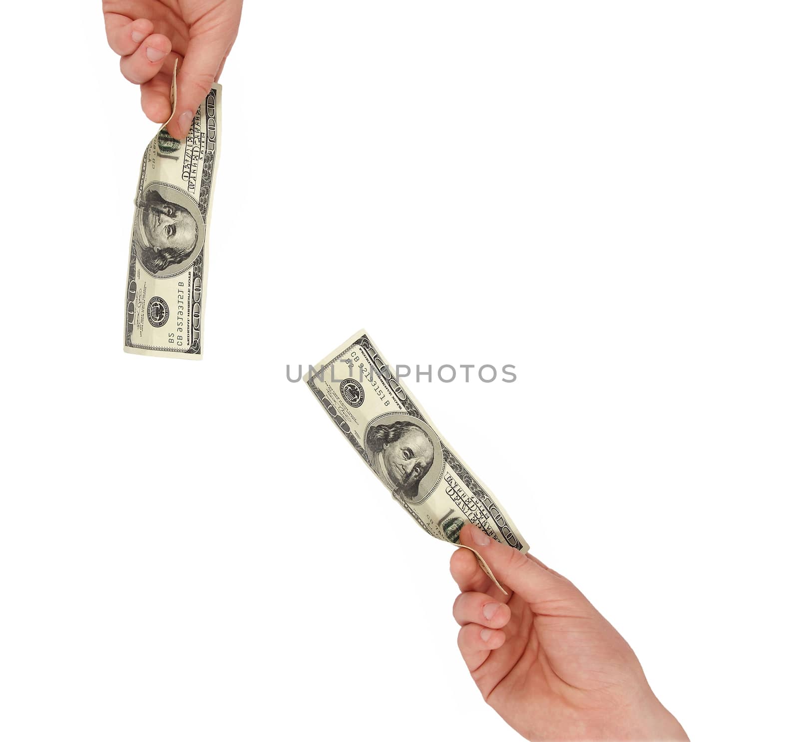 A man's hand holding a one hundred dollar bill