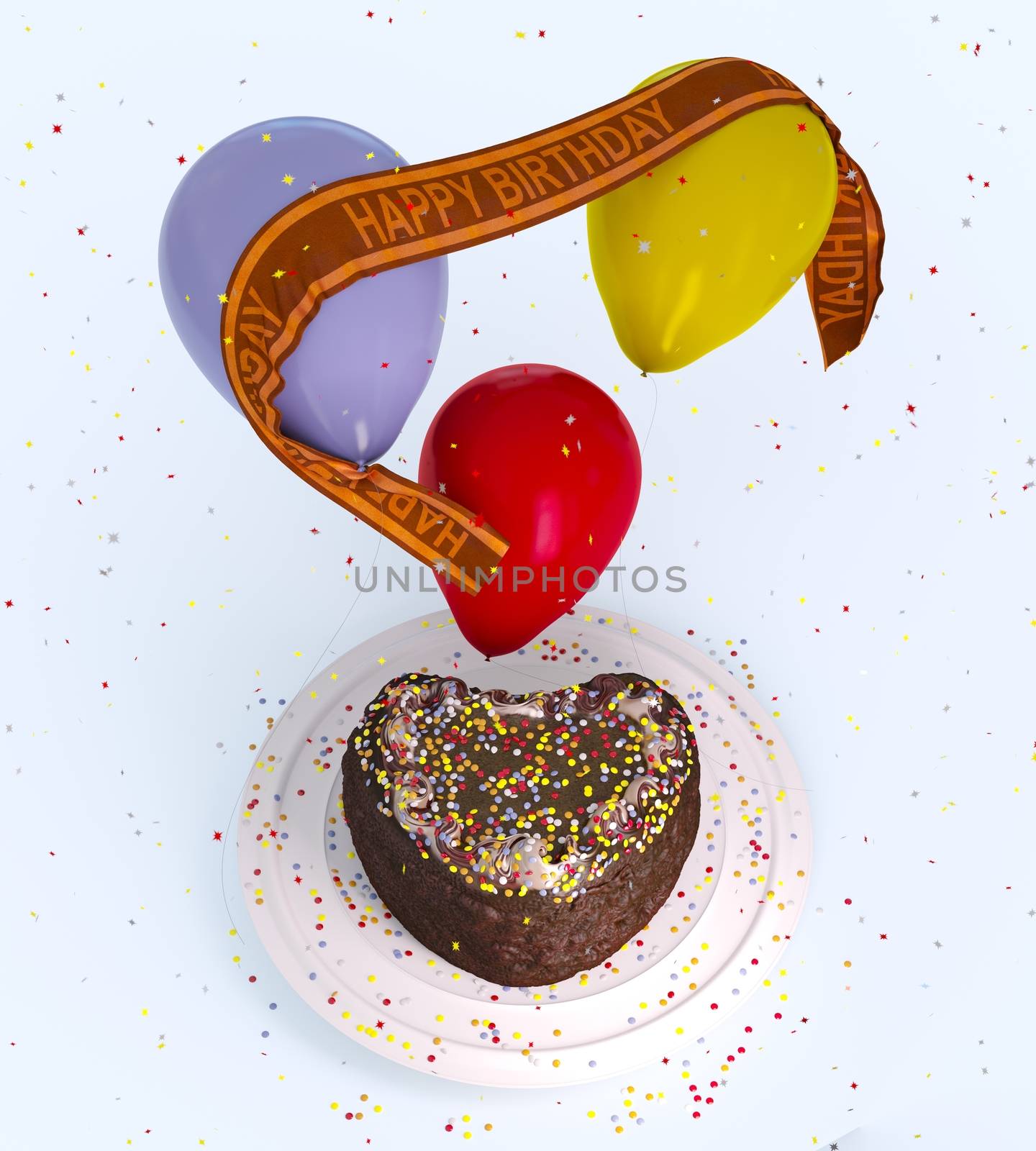 birthday decorative cake and balloons celebration background on isolate white