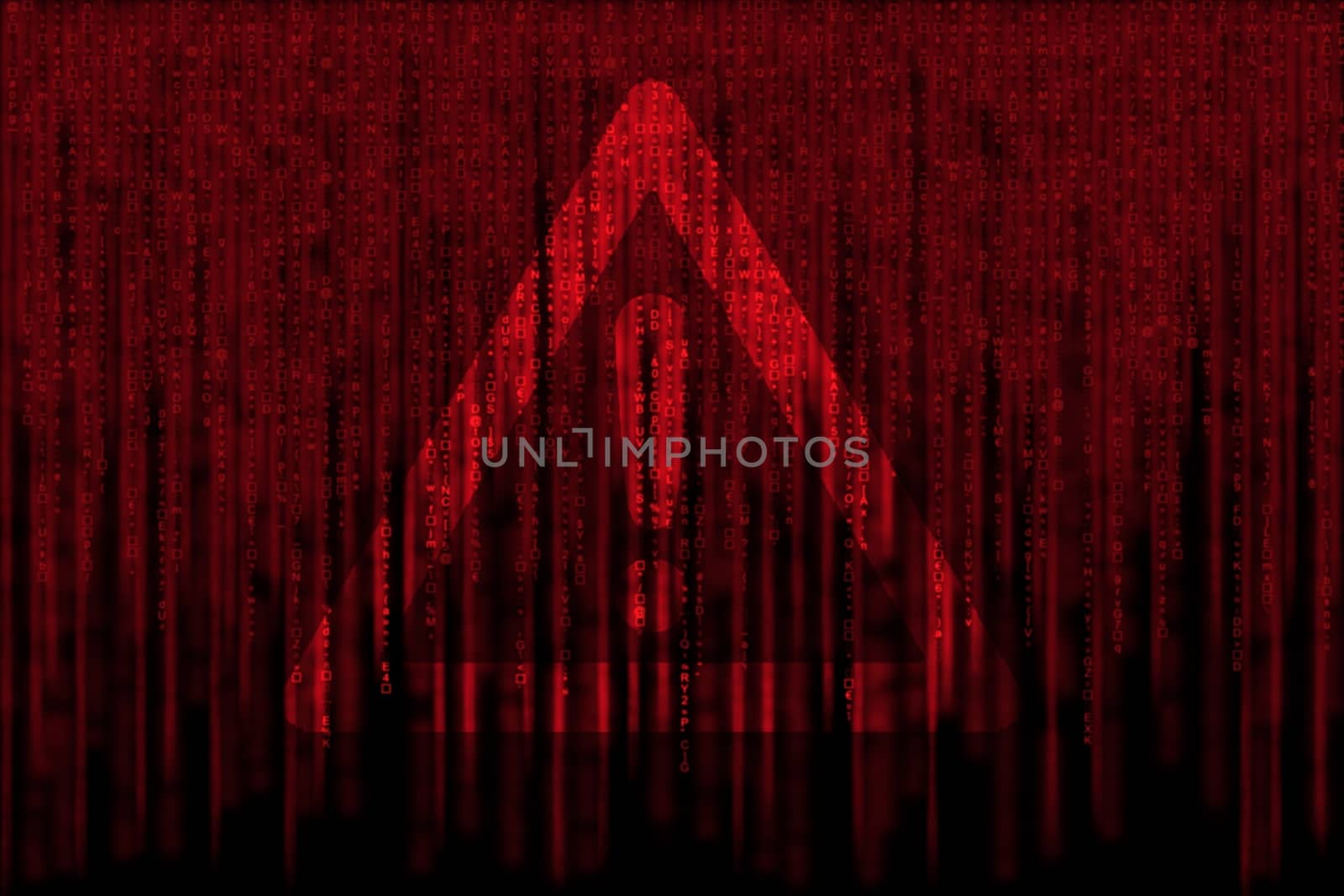 red matrix background, with motion blur, isolated on black background, with warning sign