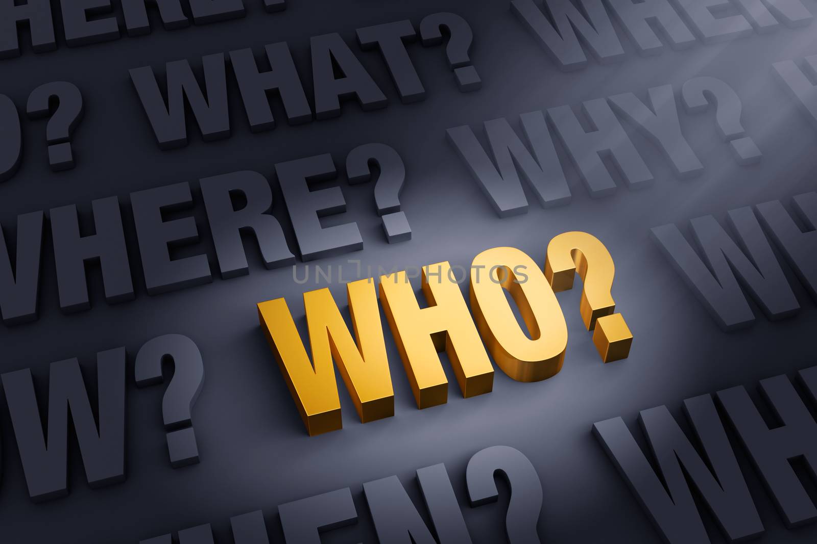 A spotlight illuminates a bright, gold "WHO?" on a dark background filled with "WHAT?", "WHERE?", "WHEN?", "HOW?", and "WHY?" 
