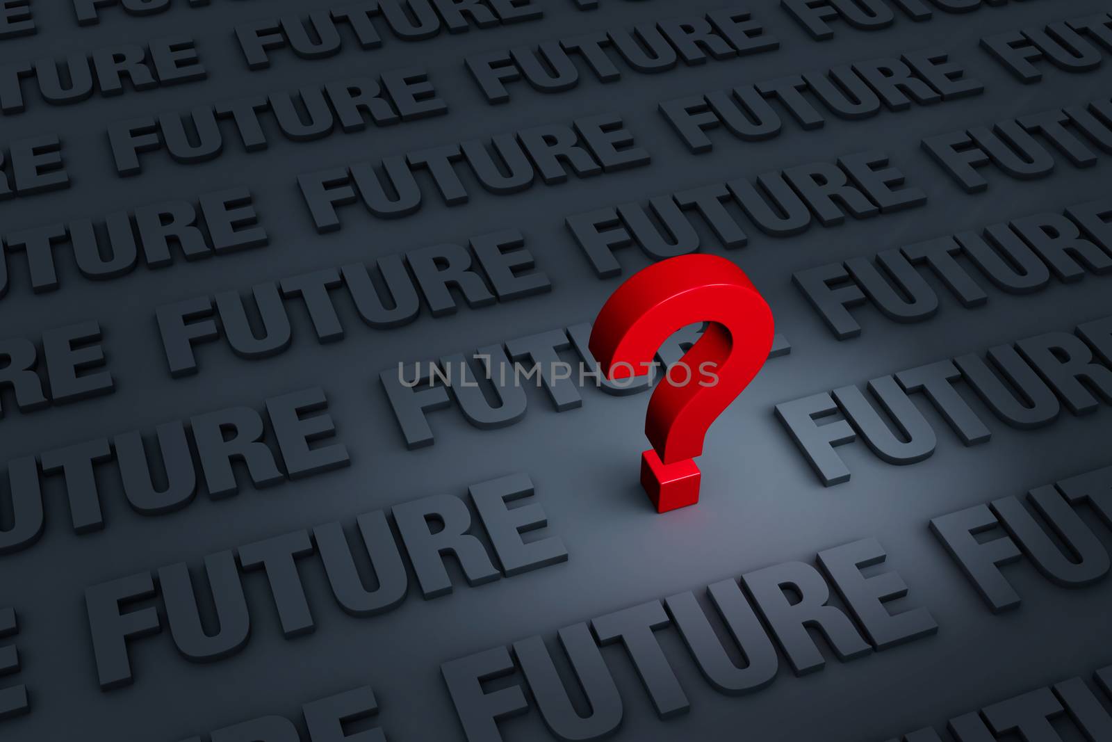 A red "?" stands out in a dark background filled with the word "FUTURE" receding into the distance
