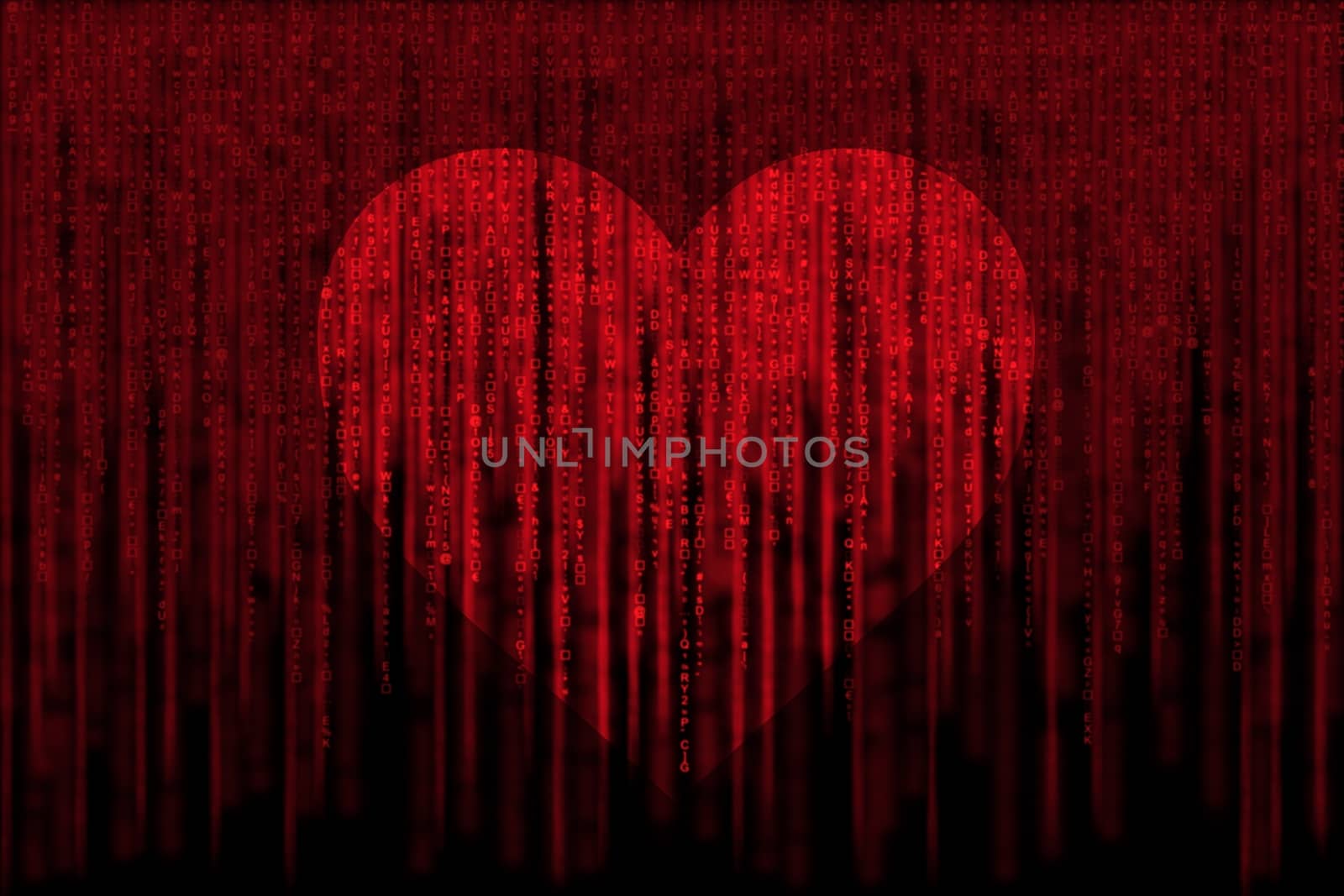 red matrix background, with motion blur, isolated on black background, with love heart symbol