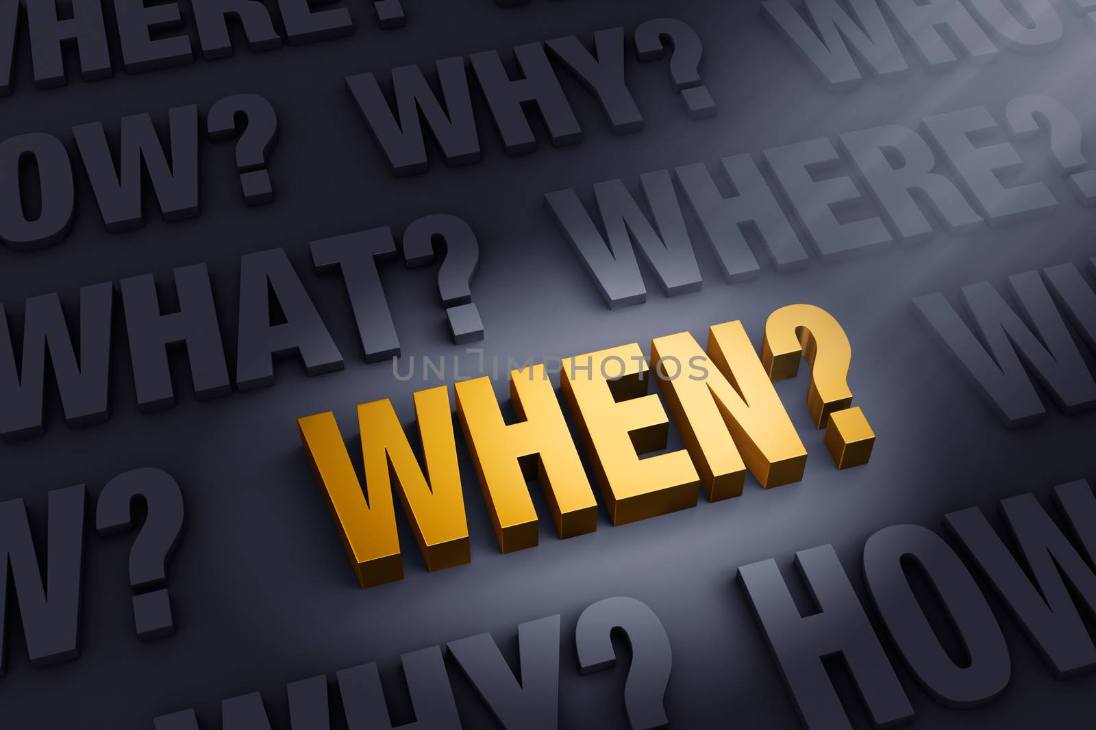 A spotlight illuminates a bright, gold WHEN on a dark background filled with "WHO?", "WHAT?", WHERE "HOW?", and "WHY?" 

