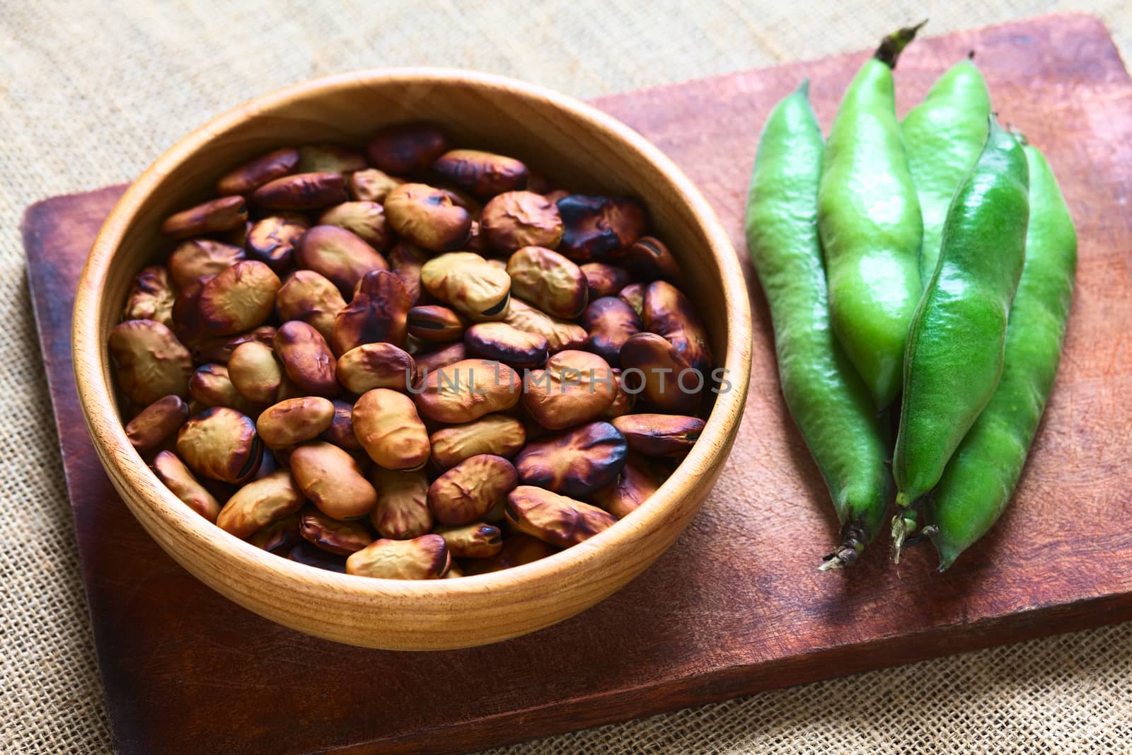 Roasted broad beans (lat. Vicia faba) eaten as snack in Bolivia in wooden bowl with fresh broad bean pods on the side, photographed with natural light (Selective Focus, Focus one third into the roasted beans)