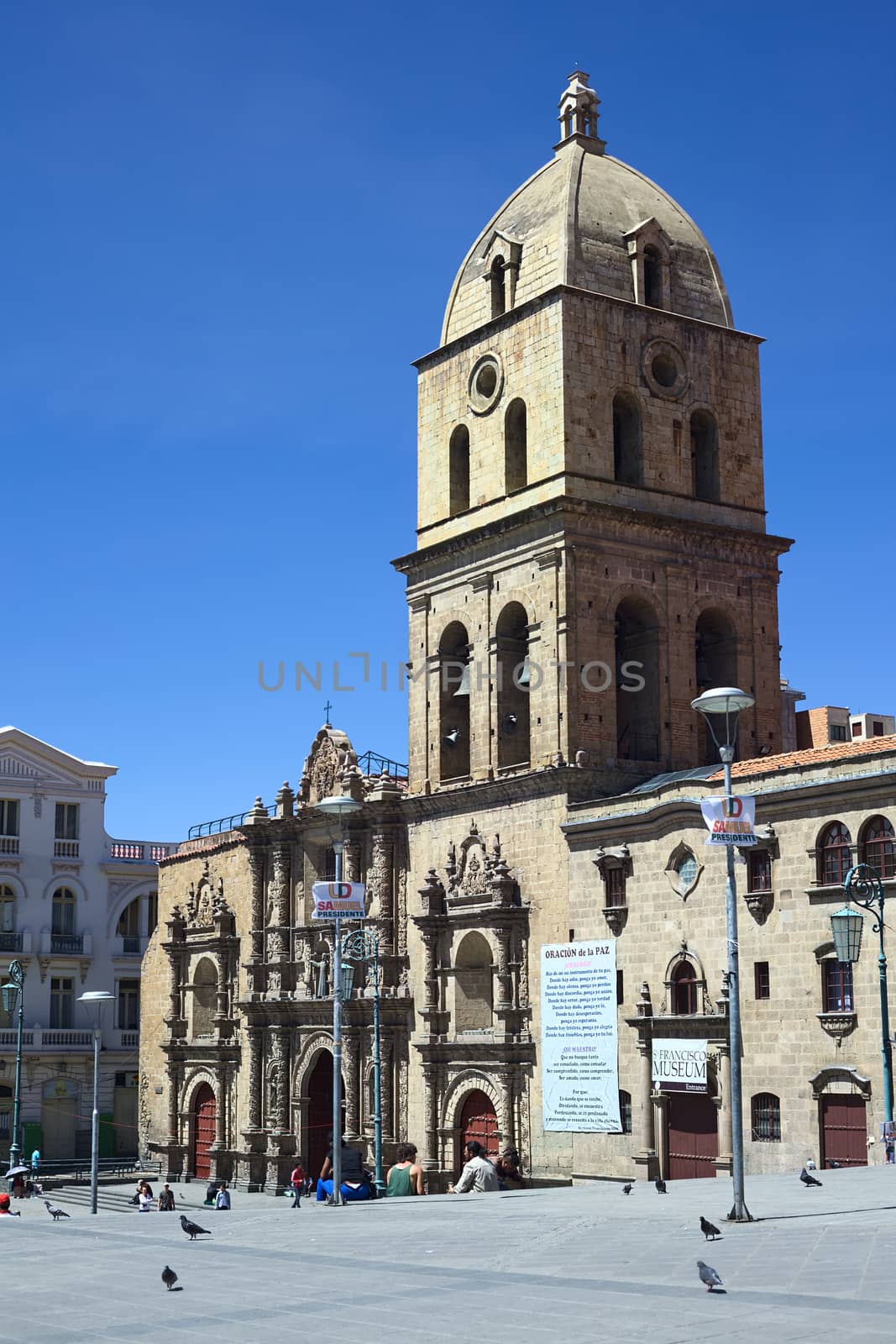 LA PAZ, BOLIVIA - OCTOBER 12, 2014: Unidentified people on San Francisco square in front of the Basilica of San Francisco in the city center on October 12, 2014 in La Paz, Bolivia