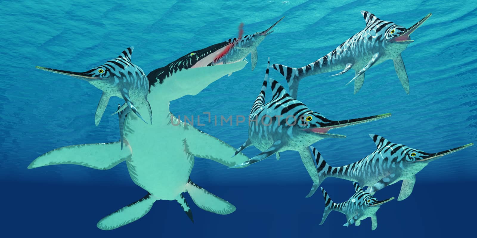 A pod of Eurhinosaurus marine reptiles try to evade the much larger Liopleurodon in Jurassic seas.