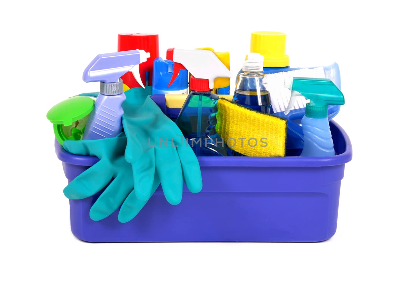 Assorted cleaning products on white background