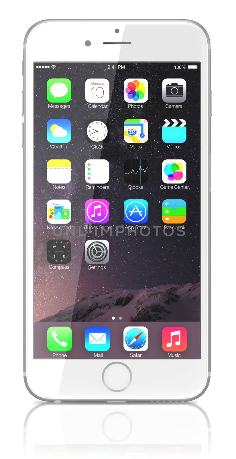 New Silver iPhone 6 Plus showing the home screen with iOS 8 by manaemedia