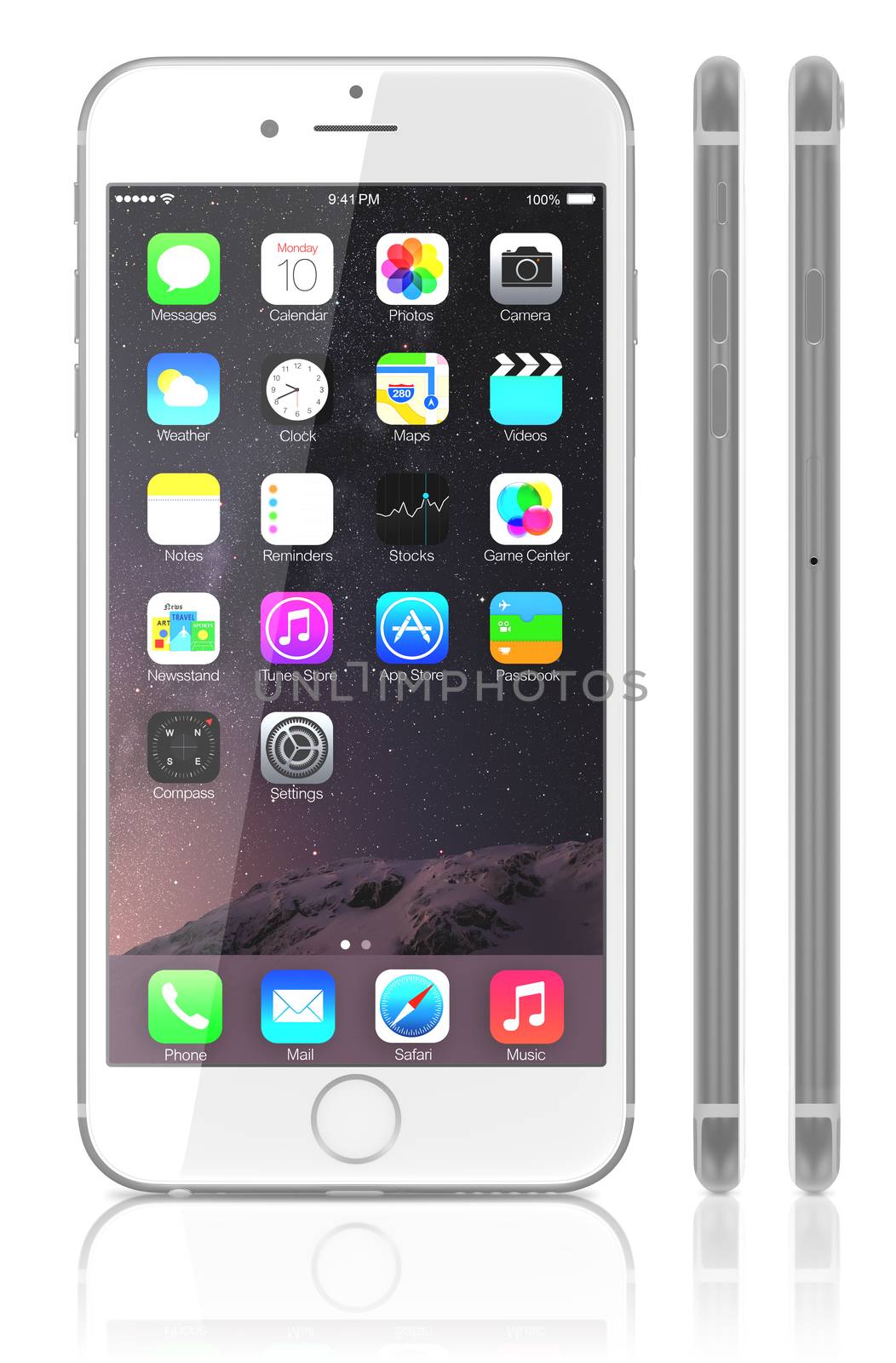 Galati, Romania - September 18, 2014: Apple Silver iPhone 6 Plus showing the home screen with iOS 8. View side of iPhone. The new iPhone with higher-resolution 4.7 and 5.5-inch screens, improved cameras, new sensors, a dedicated NFC chip for mobile payments. Apple released the iPhone 6 and iPhone 6 Plus on September 9, 2014.