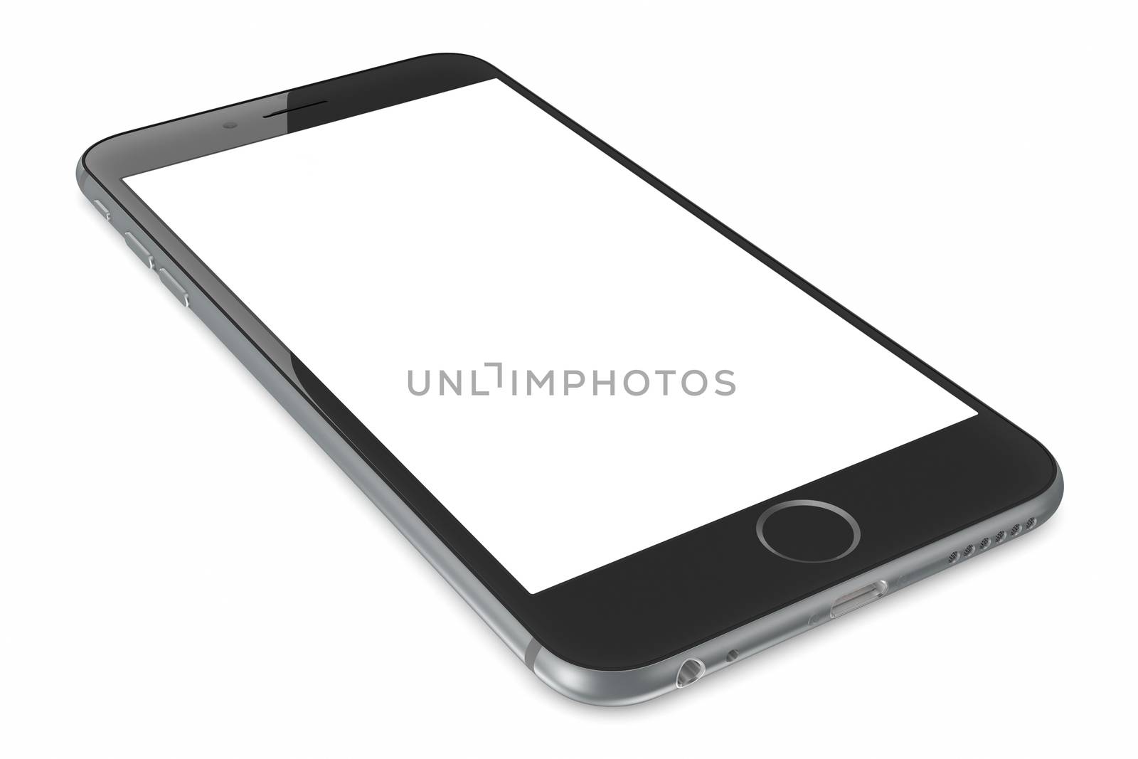 Galati, Romania - September 18, 2014: Apple Space Gray iPhone 6 Plus with white blank screen.The new iPhone with higher-resolution 4.7 and 5.5-inch screens, improved cameras, new sensors, a dedicated NFC chip for mobile payments. Apple released the iPhone 6 and iPhone 6 Plus on September 9, 2014.