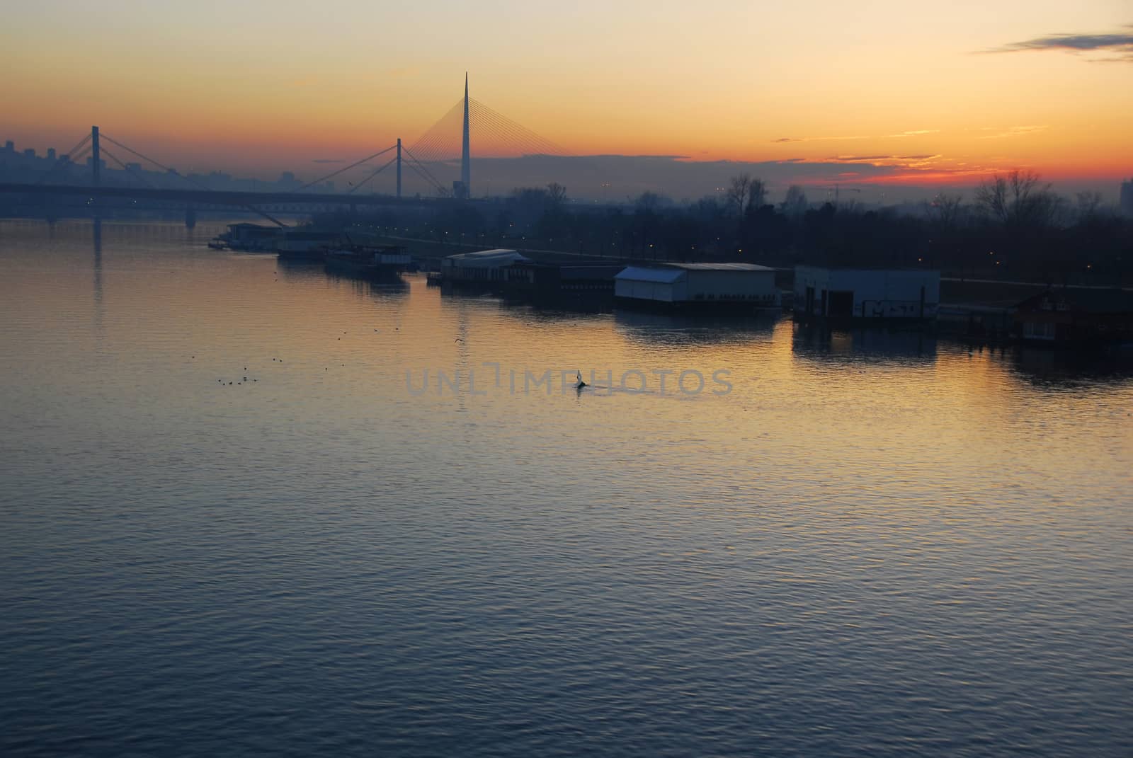 sunset over Sava river in Belgrade, Serbia