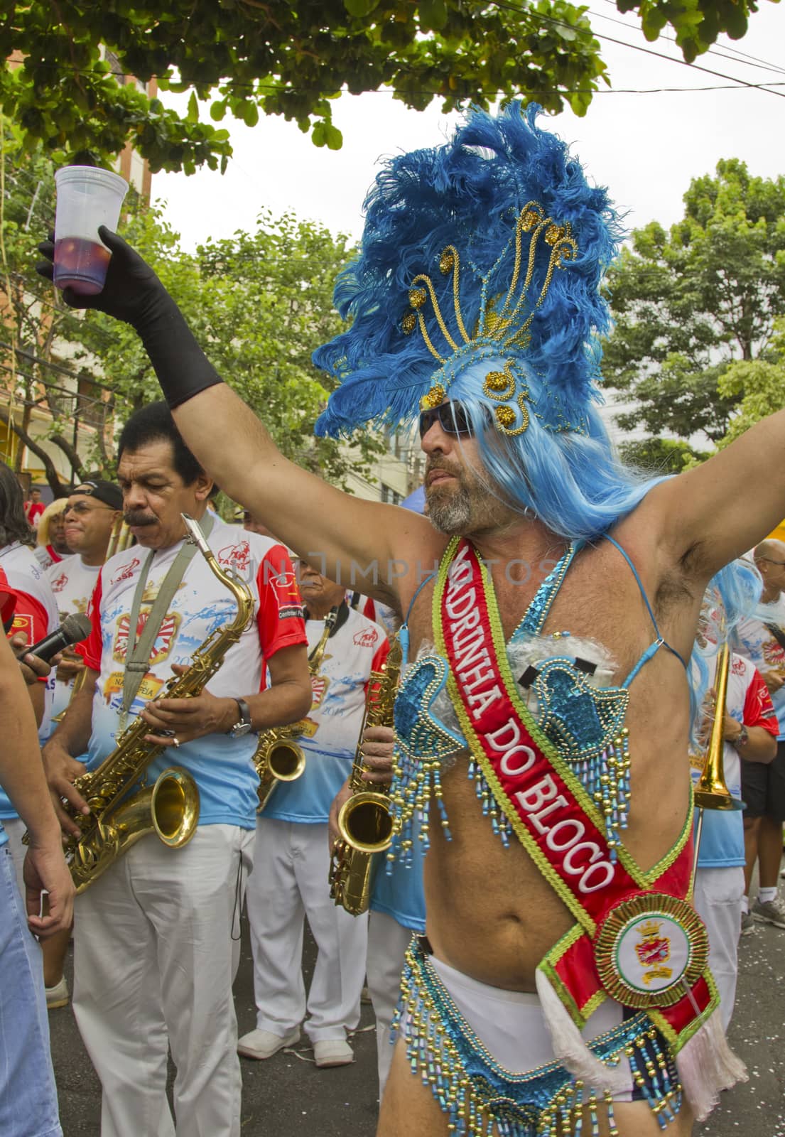 SAO PAULO, BRAZIL - JANUARY 31, 2015: An unidentified man dressed like a woman participate in the annual Brazilian street carnival dancing and singing samba.