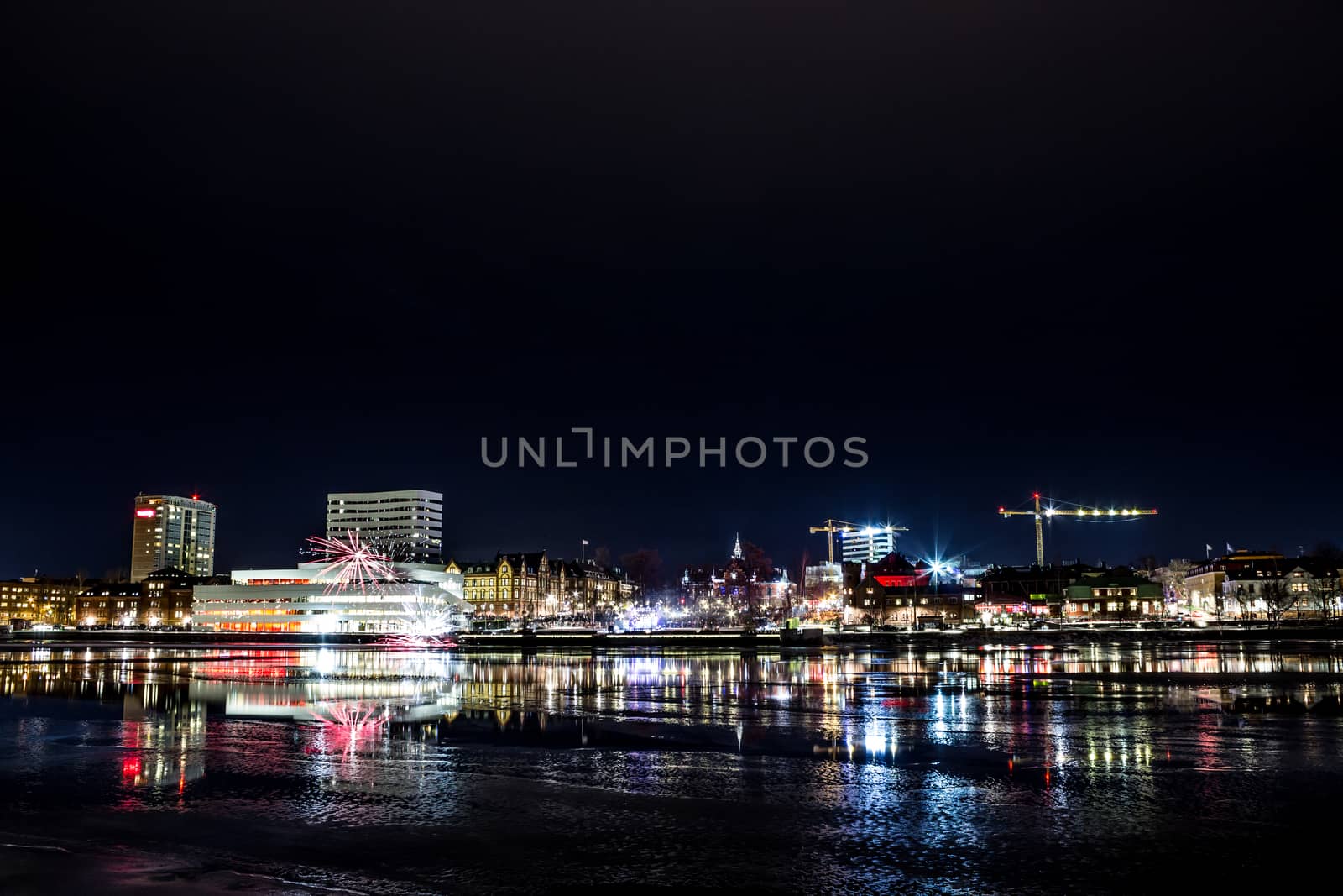 Downtown Umeå, Sweden with Fireworks