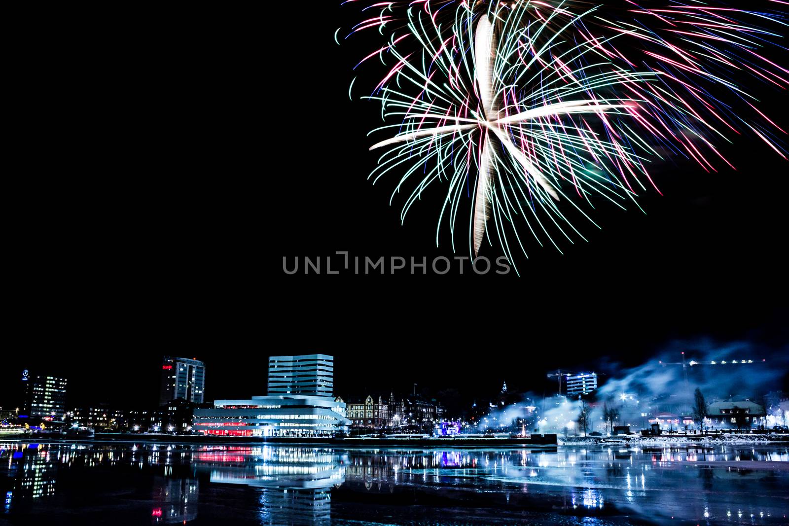 Downtown Umea, Sweden with Fireworks