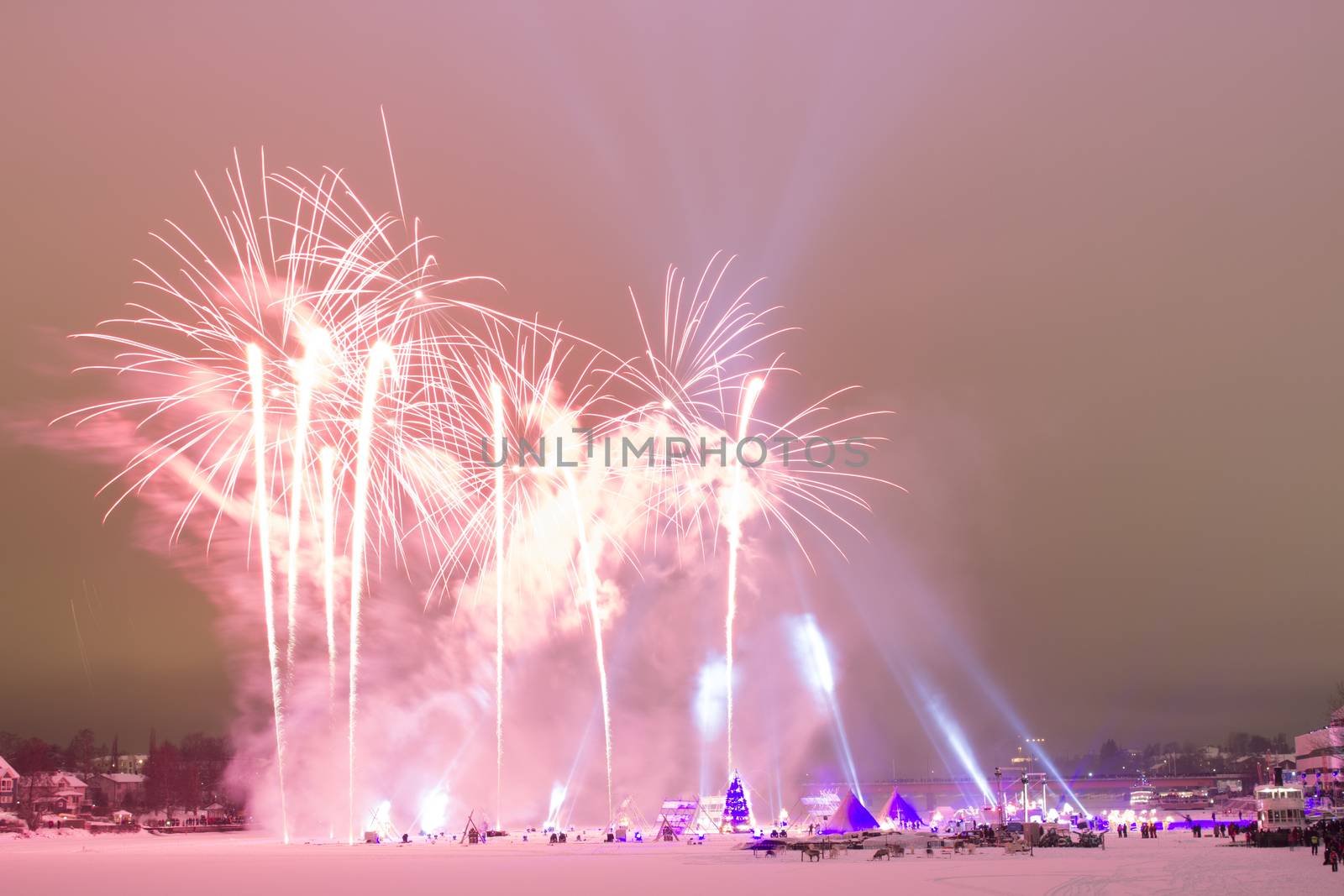Pink Fireworks on Frozen River