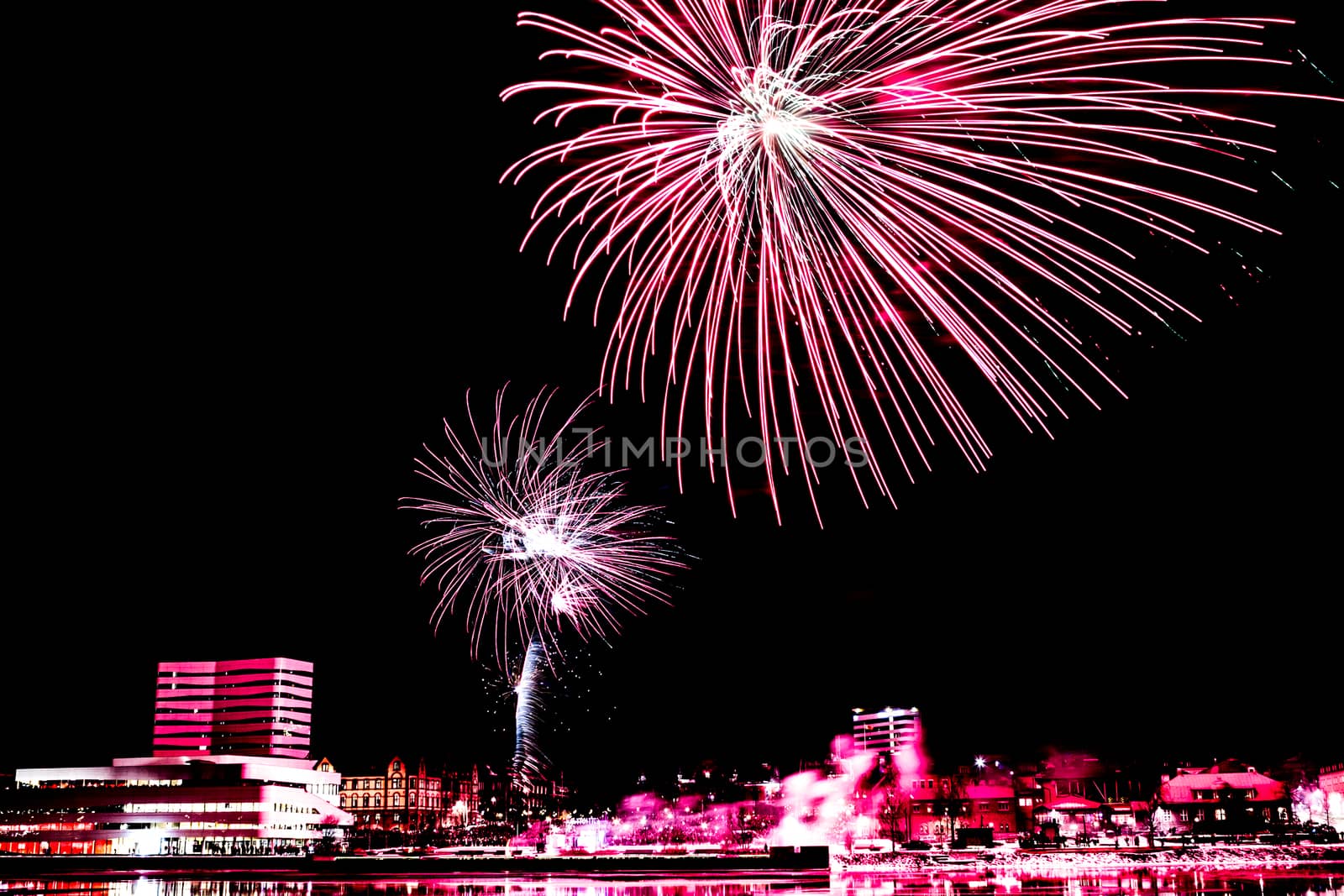 Pink Fireworks over Downtown Umeå, Sweden
