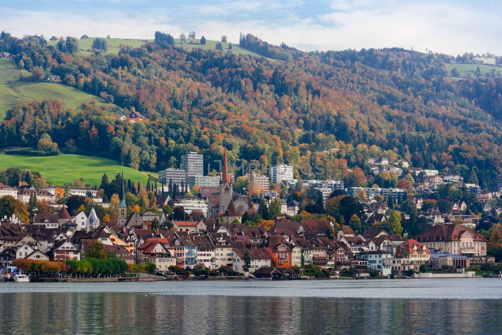 Photo of the city of Zug in Switzerland. Taken from across the lake of Zug during October.