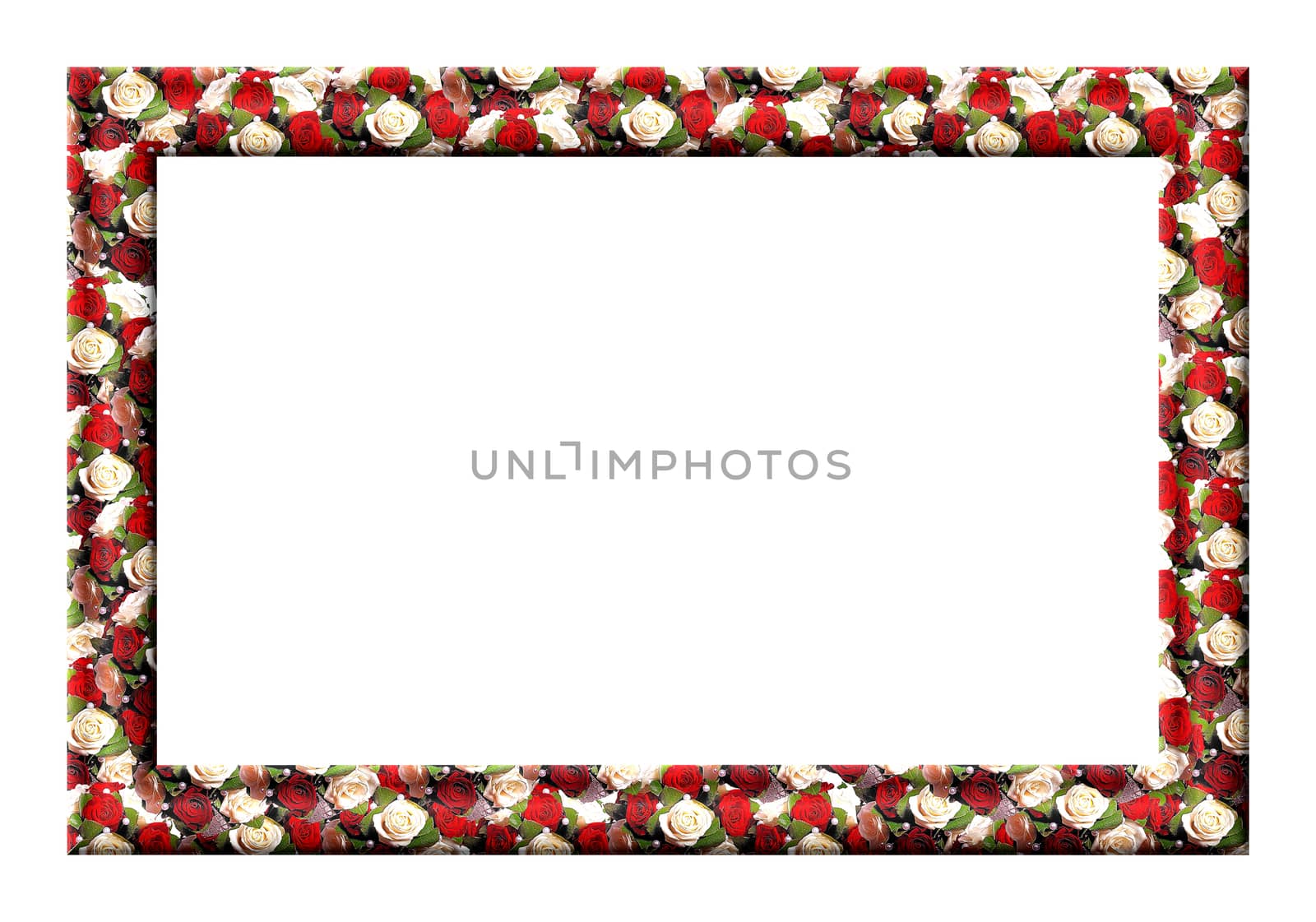 Blank photo frame with textured wedding roses on a white background