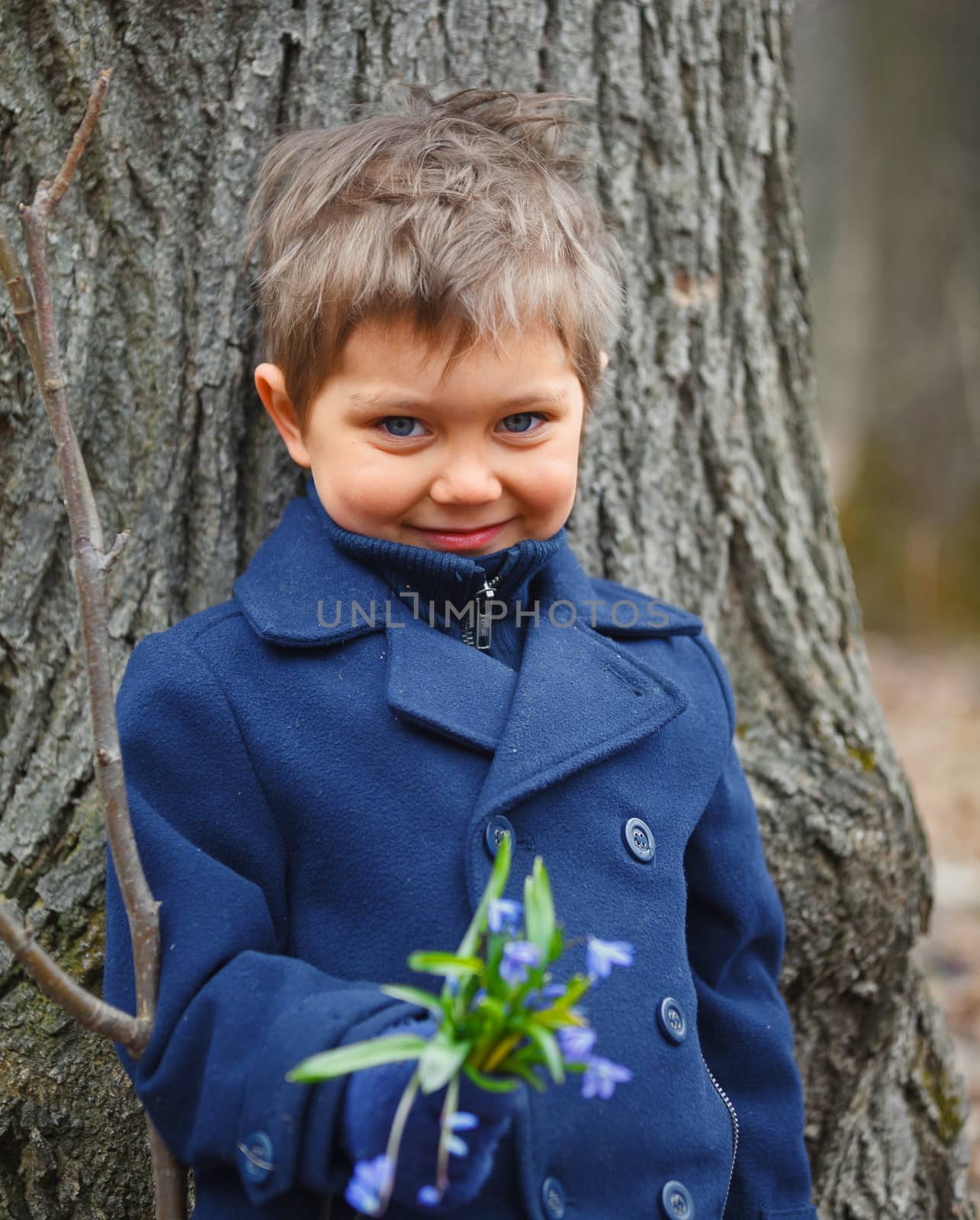 Cute little boy in forest with primroses flowers on spring day