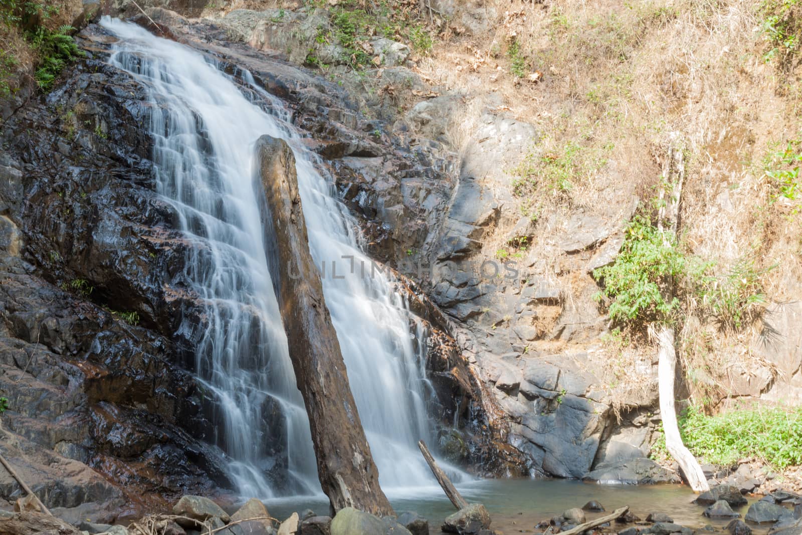 Cliff waterfall. River that flows down from the cliff. The water that flows down from the top of the mountain.