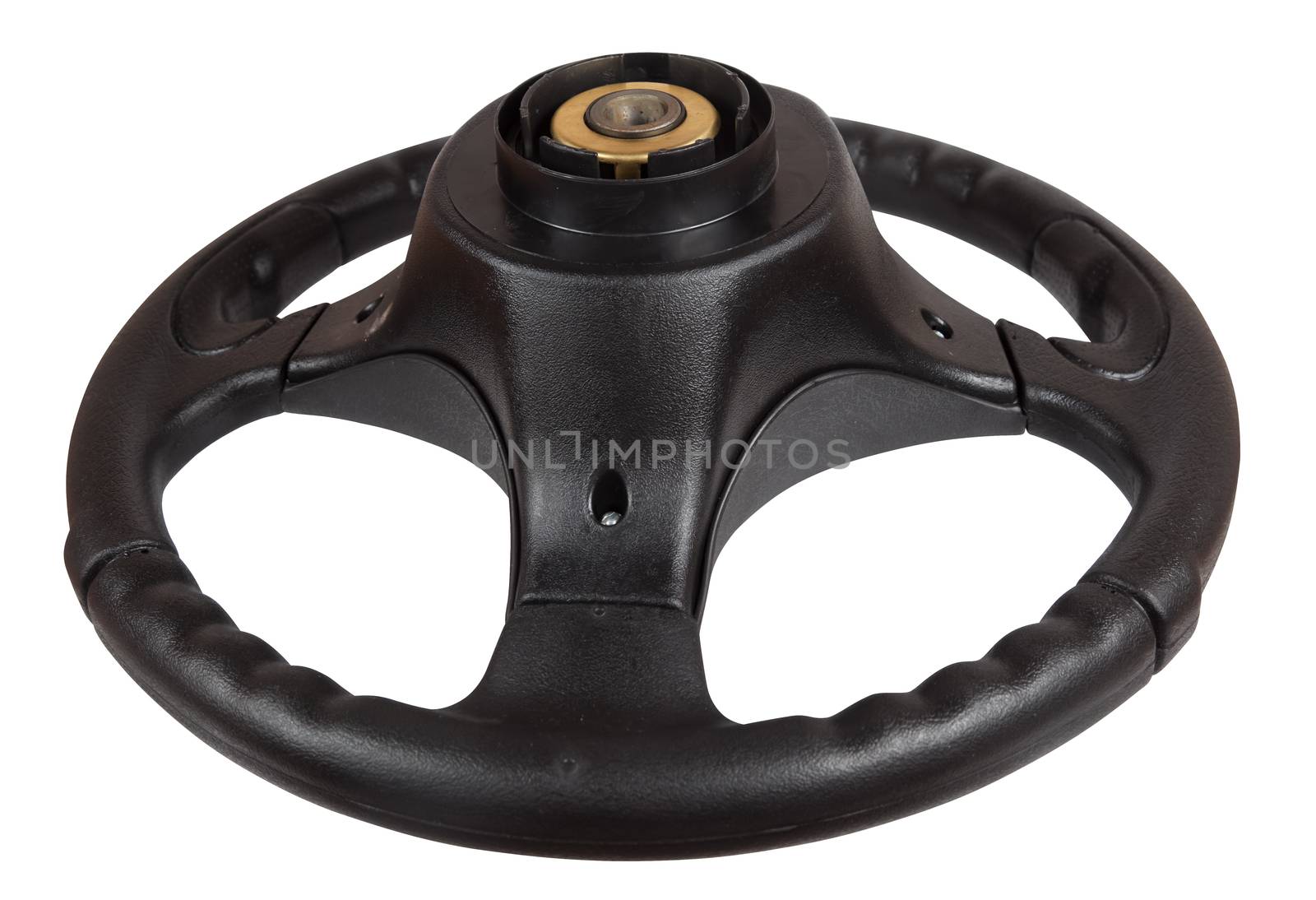 Steering wheel of a car isolated on white background. view from the back side