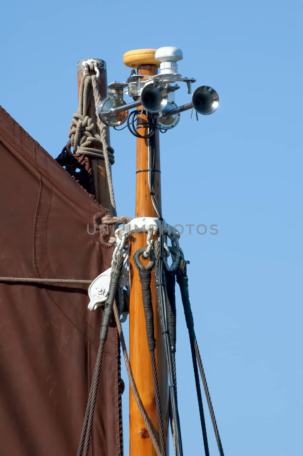 fog warning horns on a vintage sailboat mast