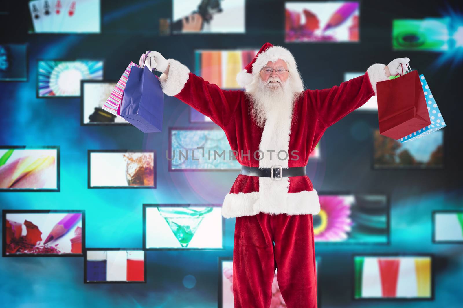 Santa holds some bags for Chistmas against screen collage showing lifestyle images