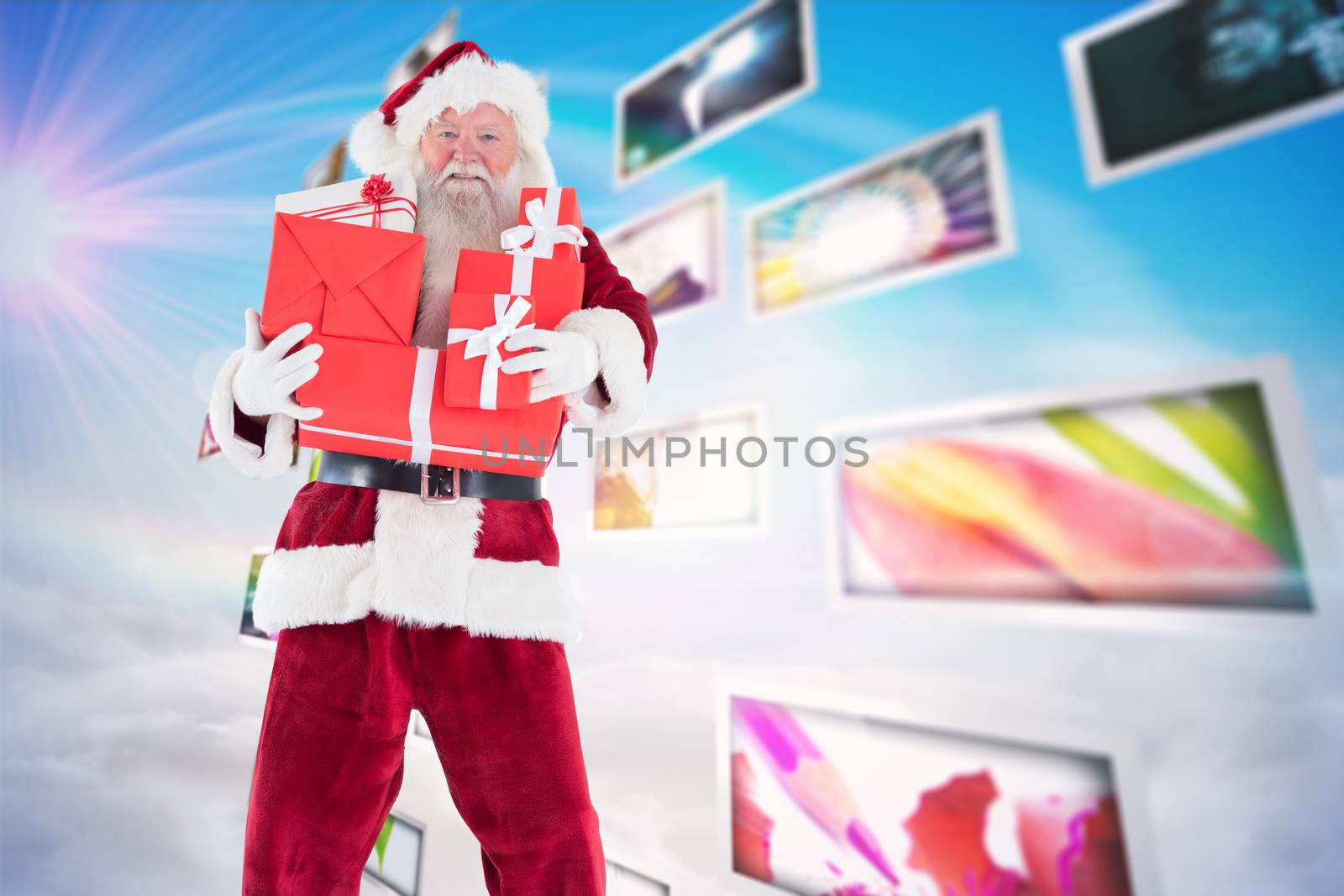 Santa carries a few presents against screen collage showing lifestyle images