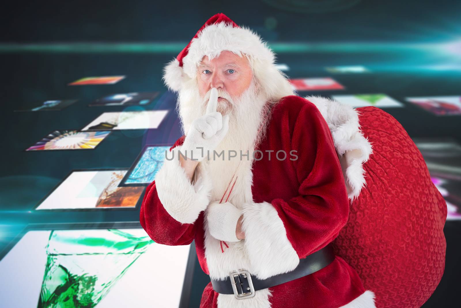 Santa asking for quiet with bag against screen collage showing lifestyle images