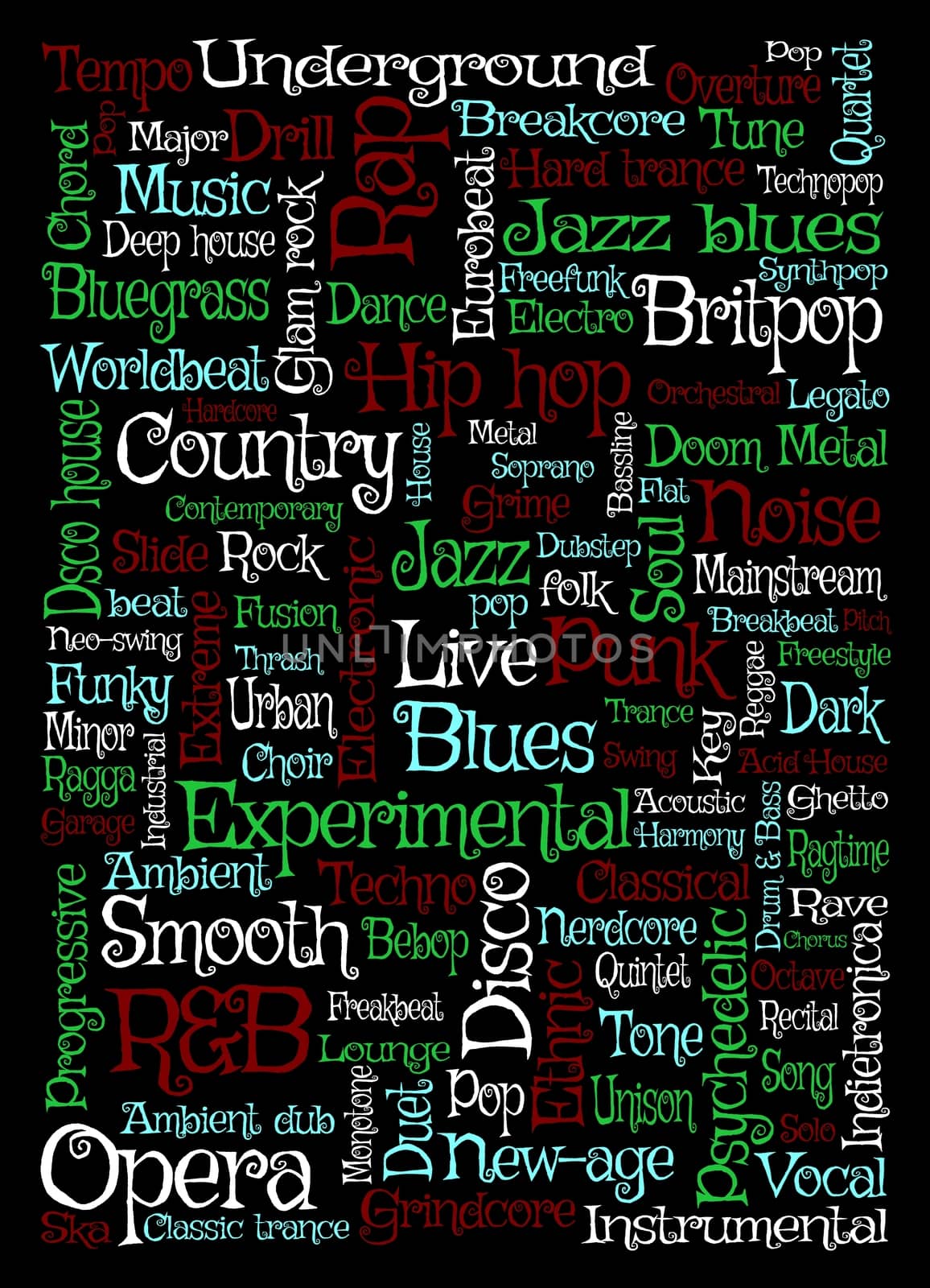 Illustration of music related words over a black background