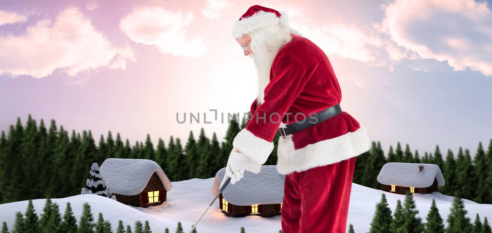 Santa Claus is playing golf  against snow covered village in forest