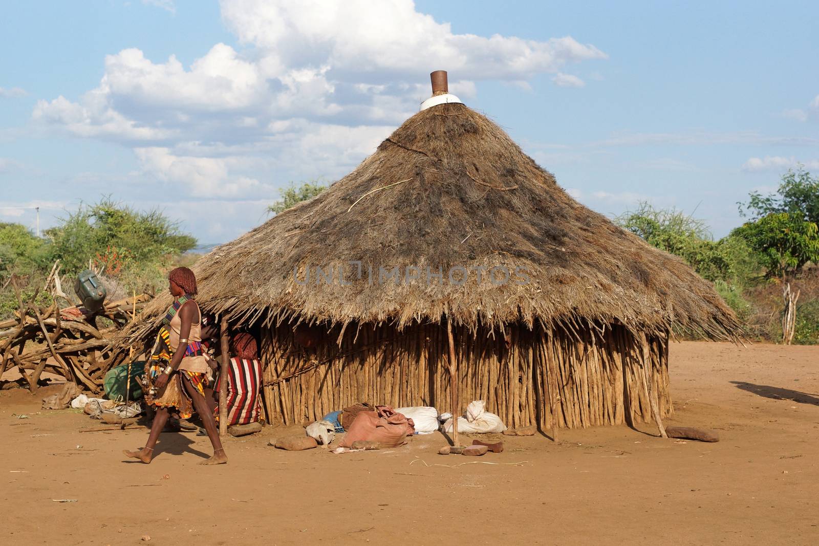 TURMI, ETHIOPIA - NOVEMBER 18, 2014: Traditional village of Hamer people on November 18, 2014 in Turmi, Ethiopia.