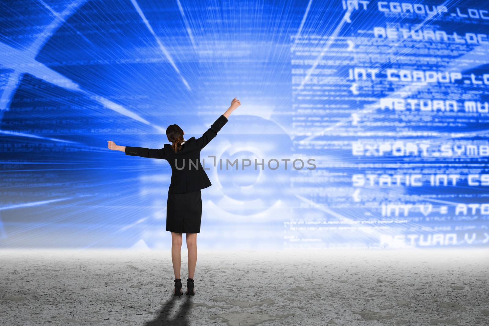 Composite image of excited businesswoman cheering by Wavebreakmedia