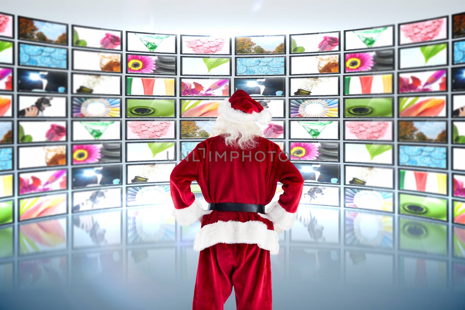 Santa Claus against screen collage showing lifestyle images