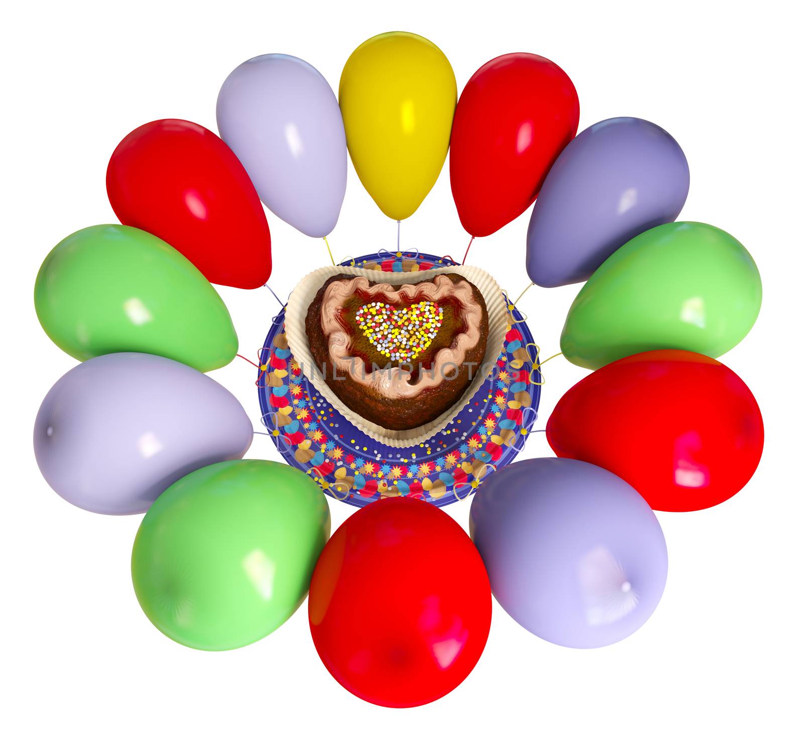 birthday decorative cake and balloons celebration background on isolate white
