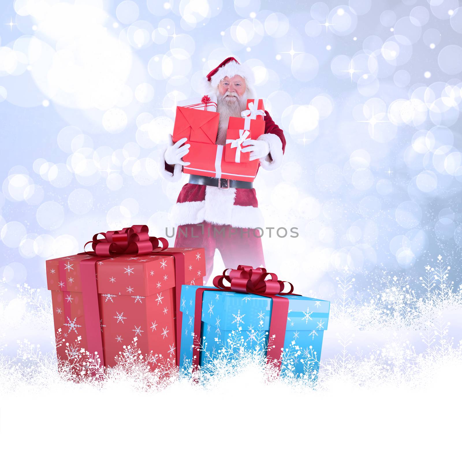 Santa carries a few presents against light glowing dots design pattern