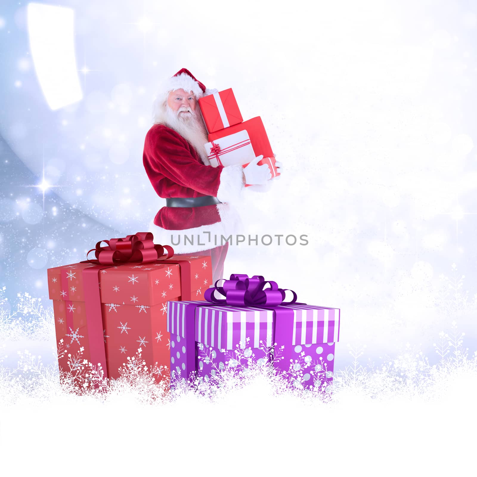 Santa carries a few presents against lights twinkling in room