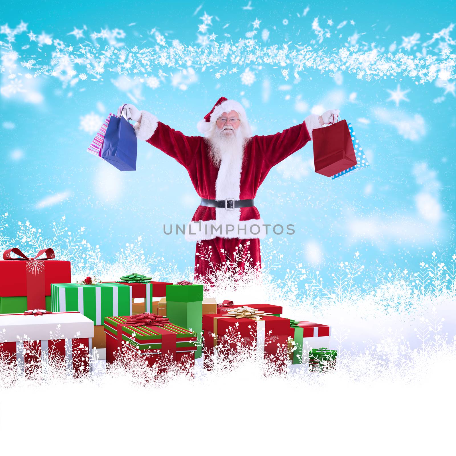 Santa holds some bags for Chistmas against blue vignette