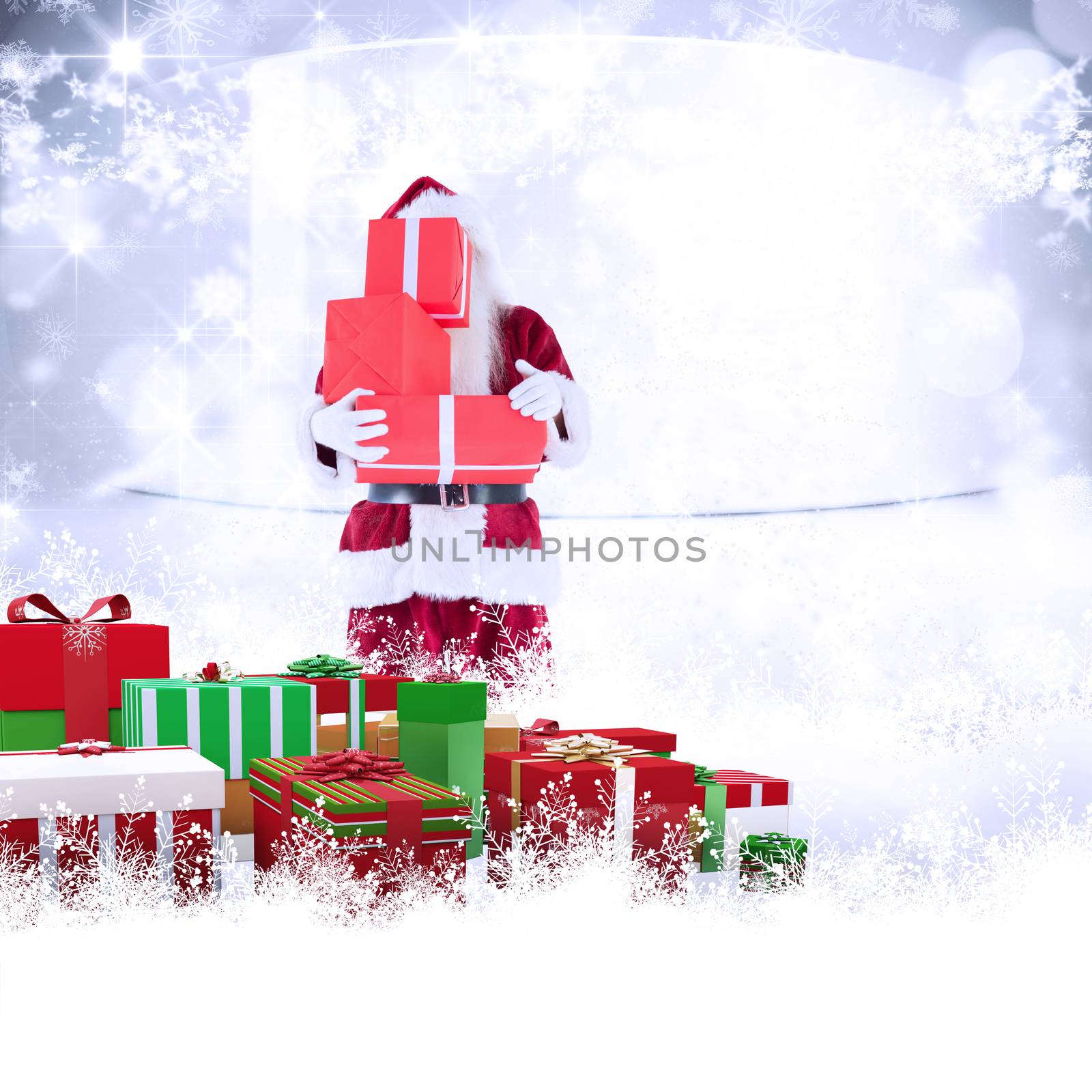 Santa covers his face with presents against snowflakes in room