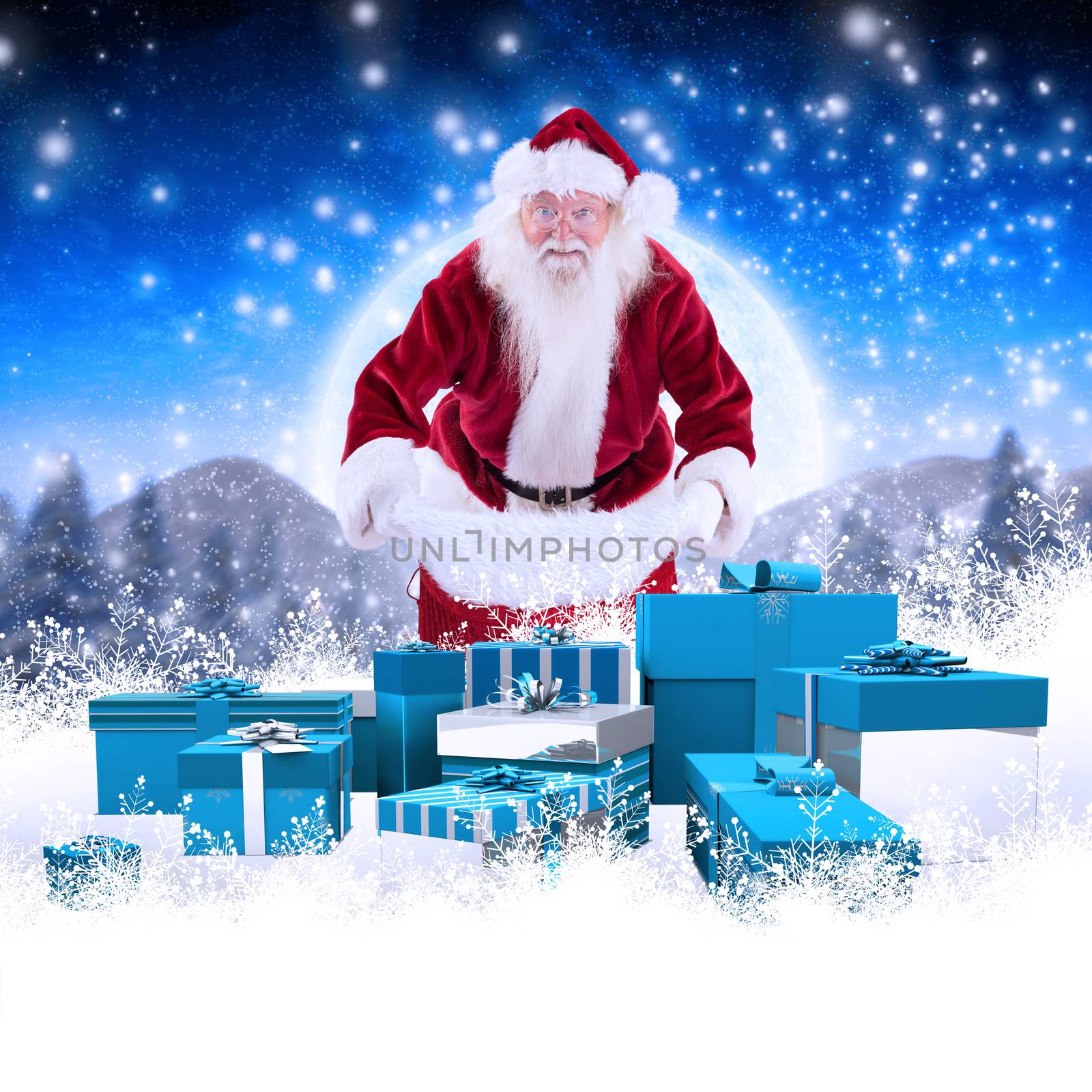 Santa open his red bag against cute christmas village under huge full moon