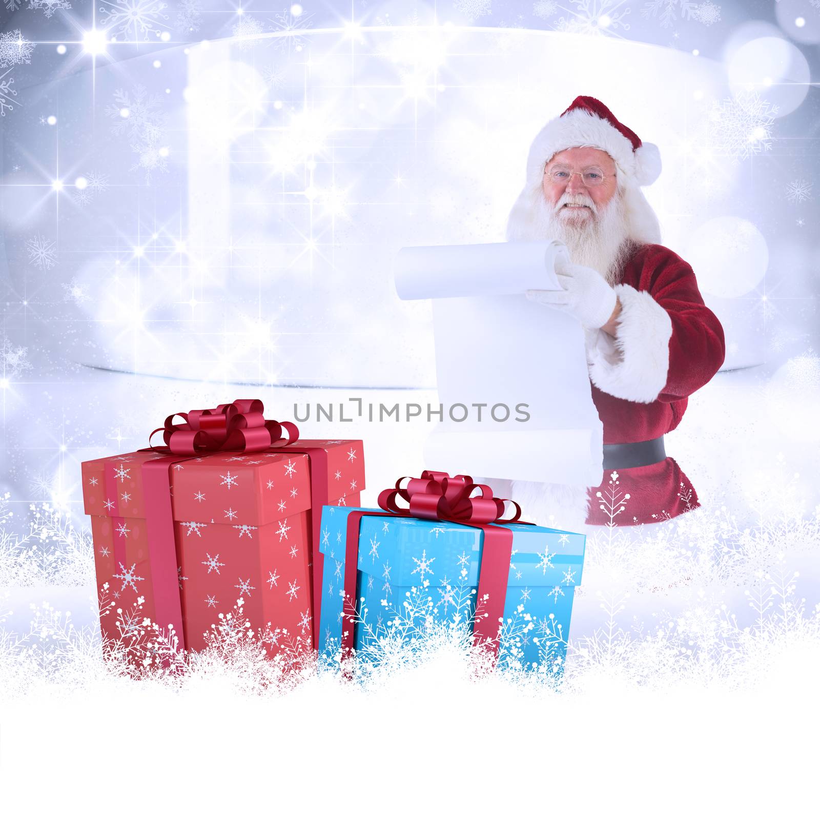 Father Christmas holds a list against snowflakes in room