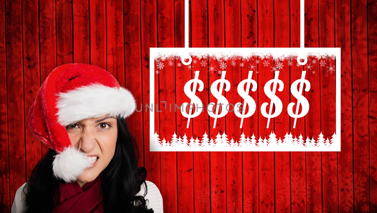 Irritated woman looking at camera against red wooden planks background